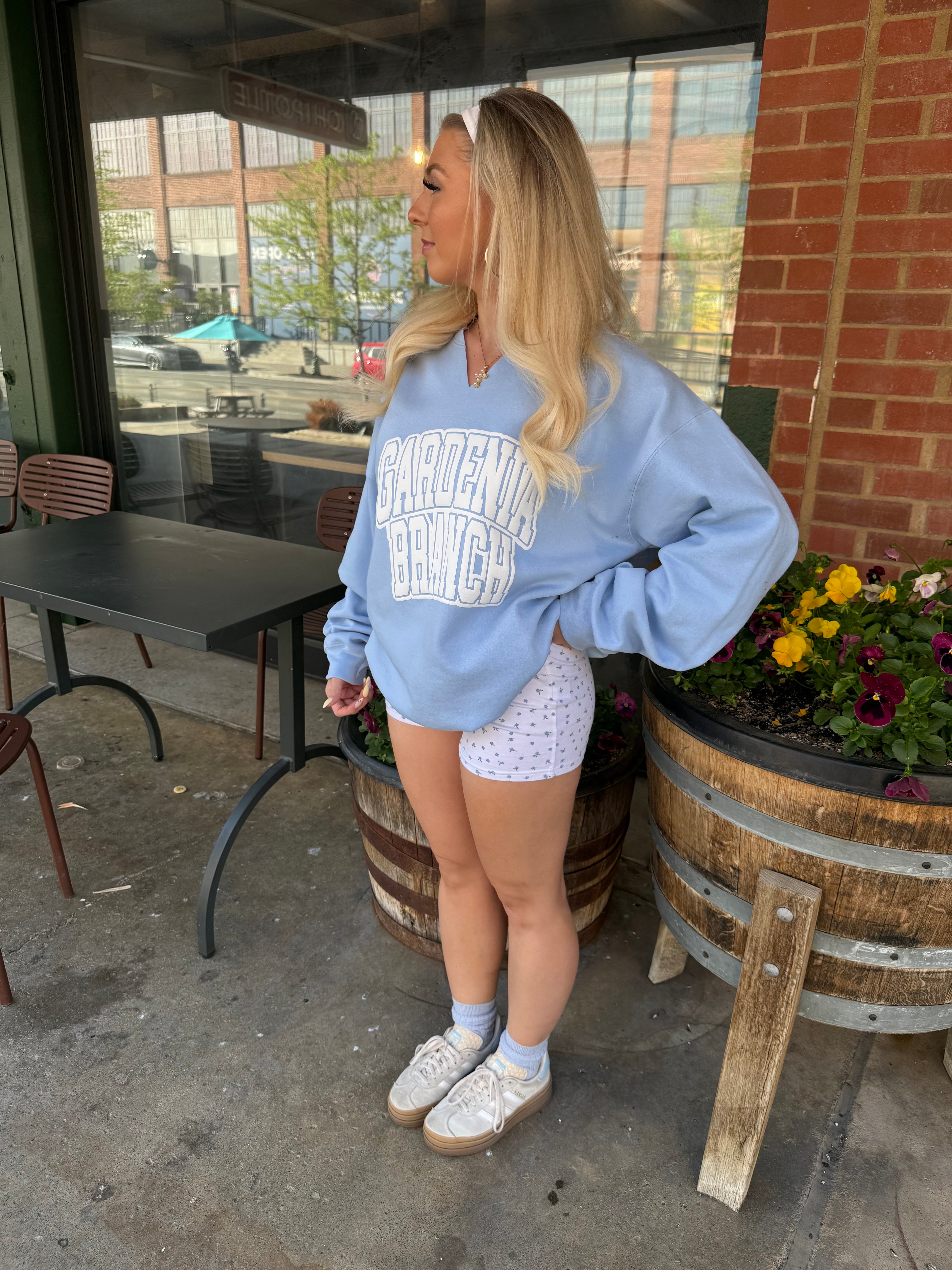 Gardenia Branch V-Neck Crew in Bby Blue