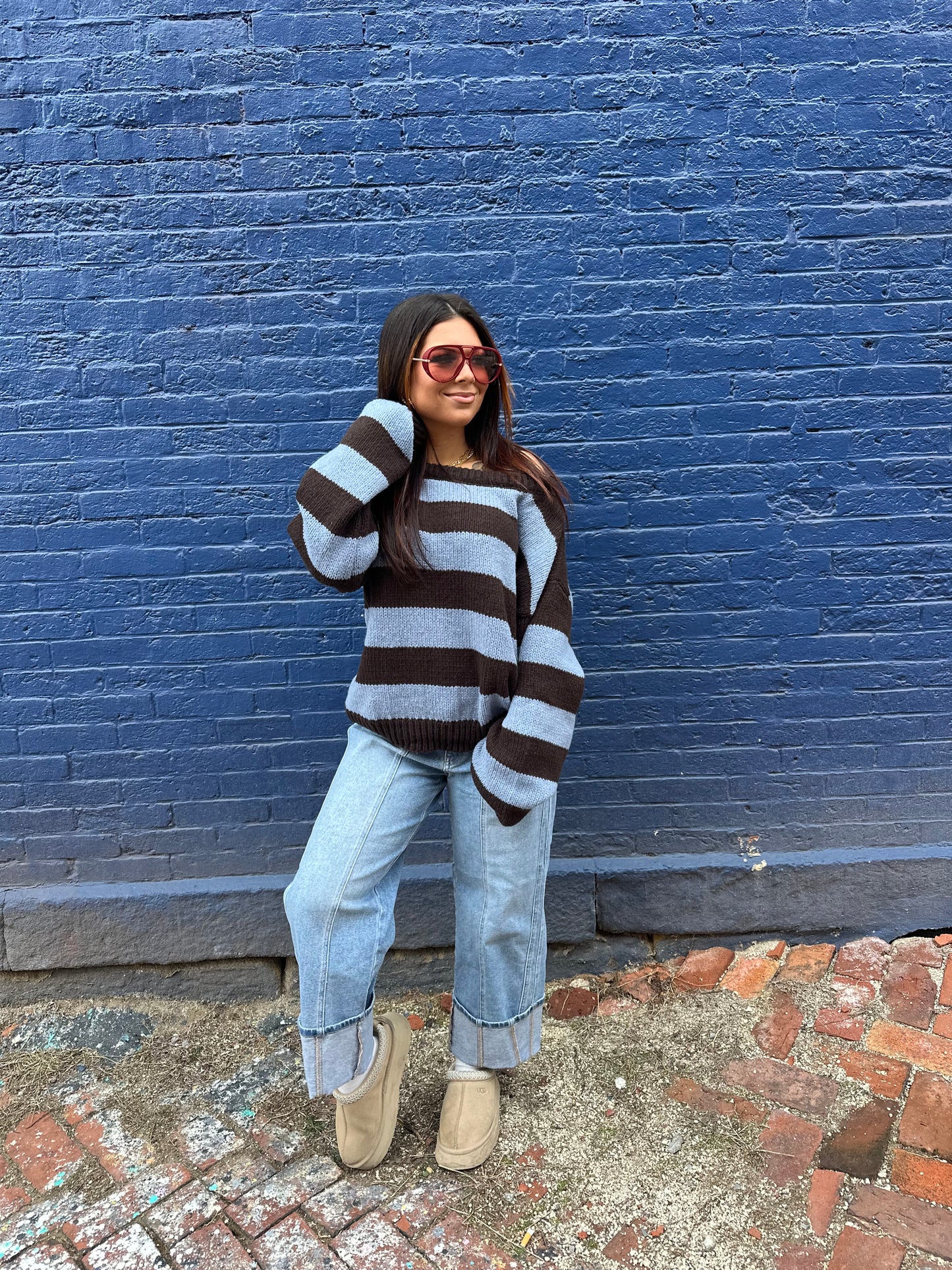 Dixie One Shoulder Sweater in Blue/Brown