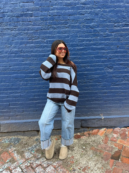 Dixie One Shoulder Sweater in Blue/Brown