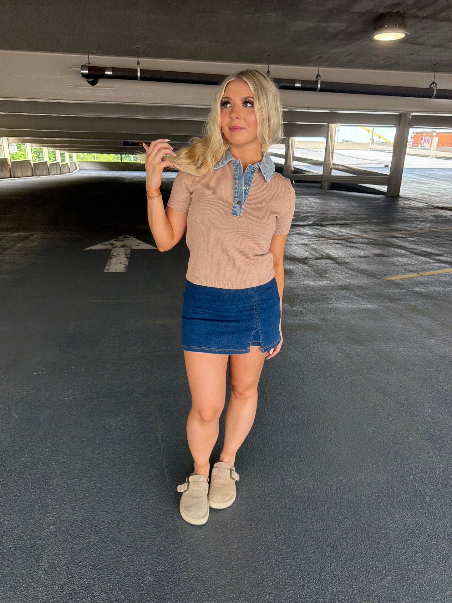 LA Sweater/Denim Top in Khaki