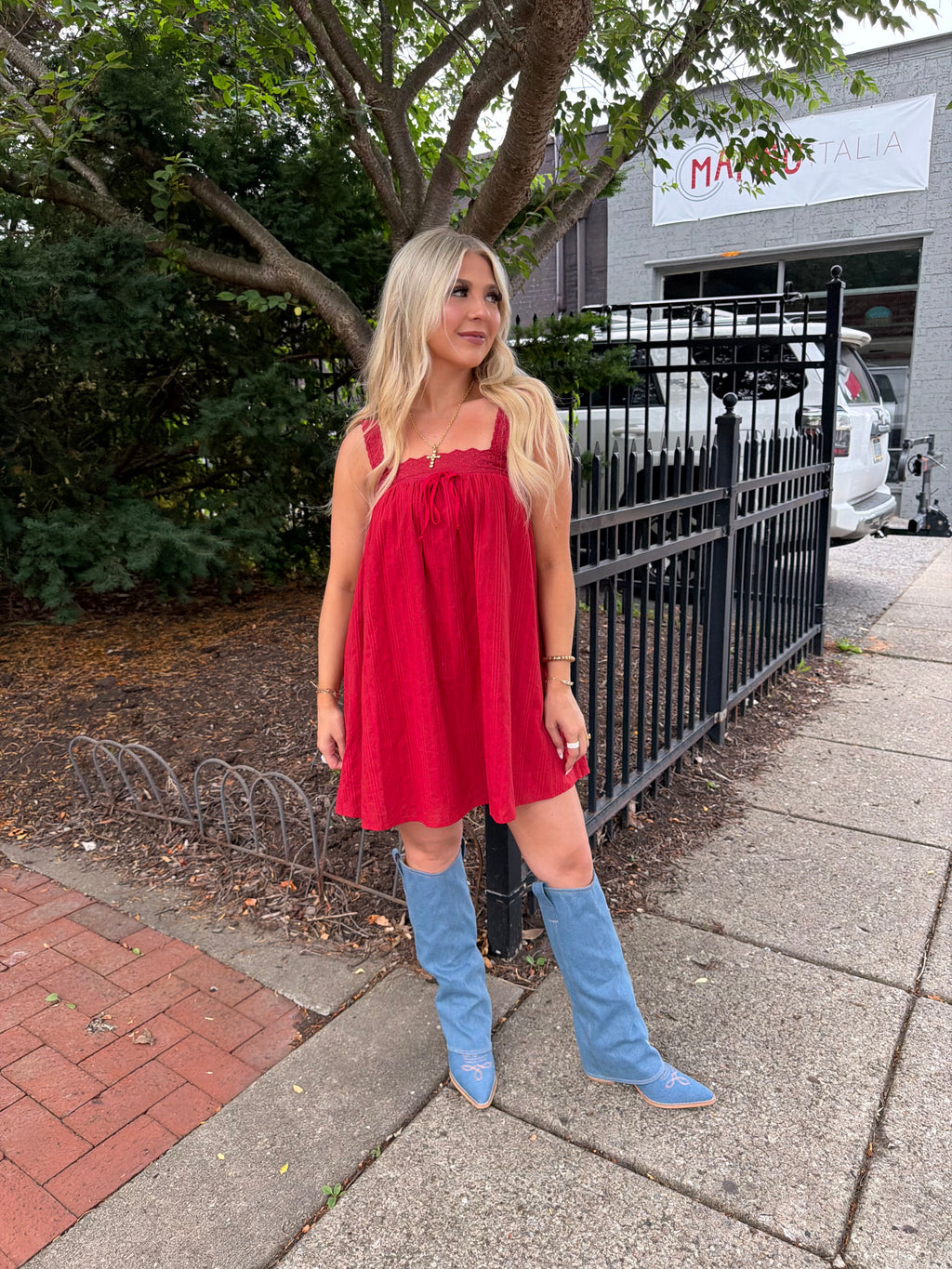 Western Sabrina Mini Dress