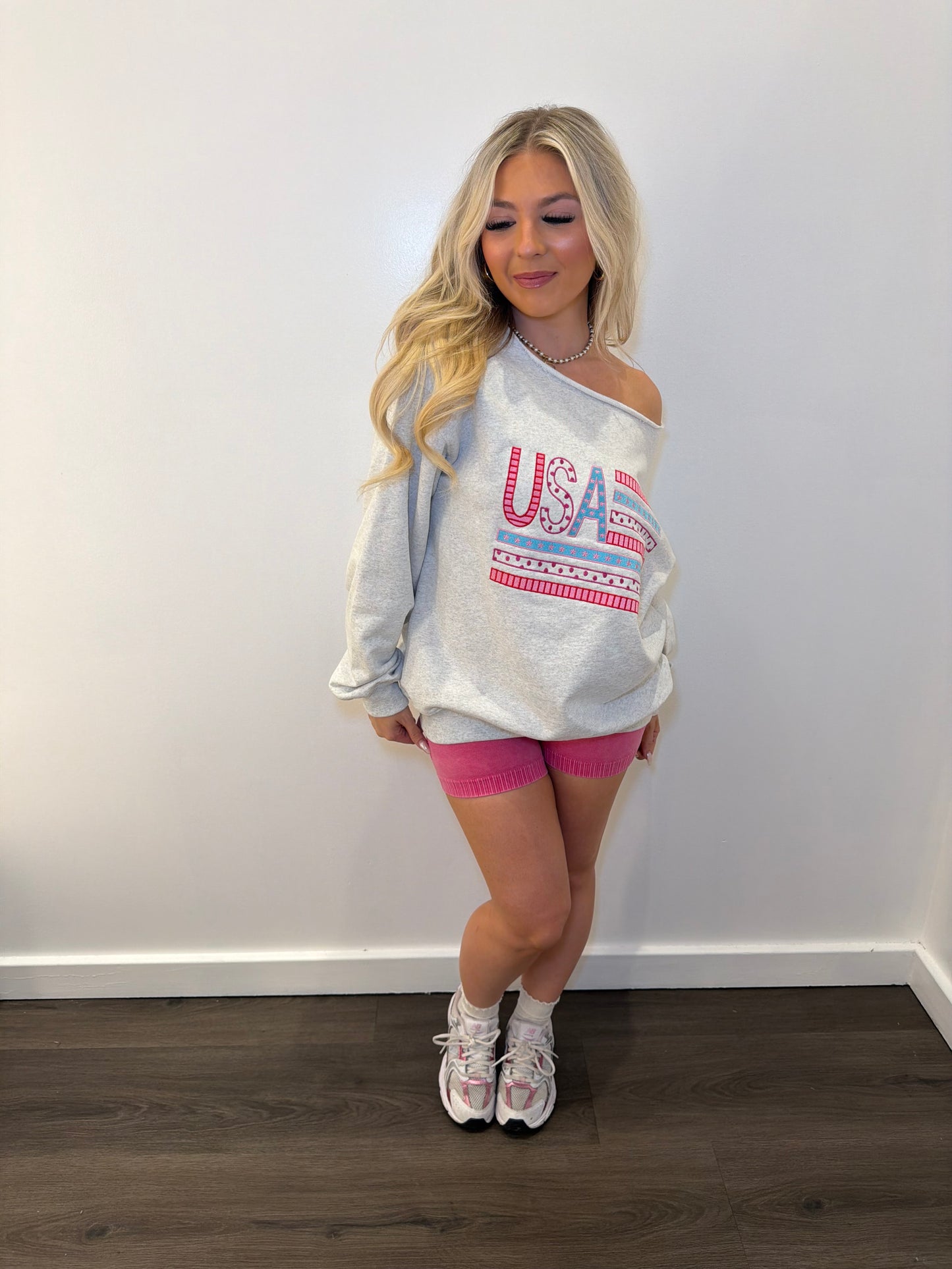 One Shoulder USA Embroidered Crew