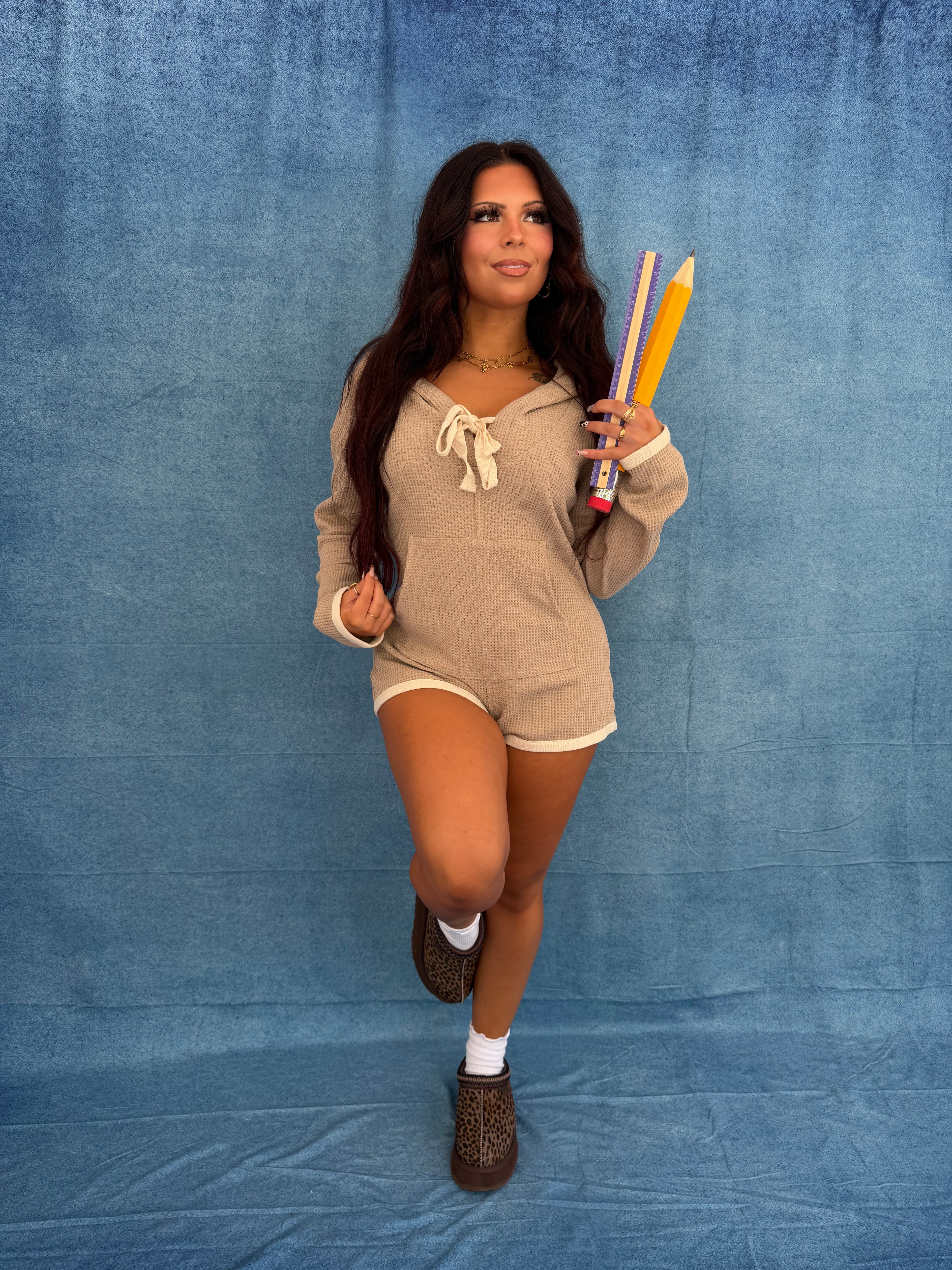 Hot Mess Sweater Romper in Taupe