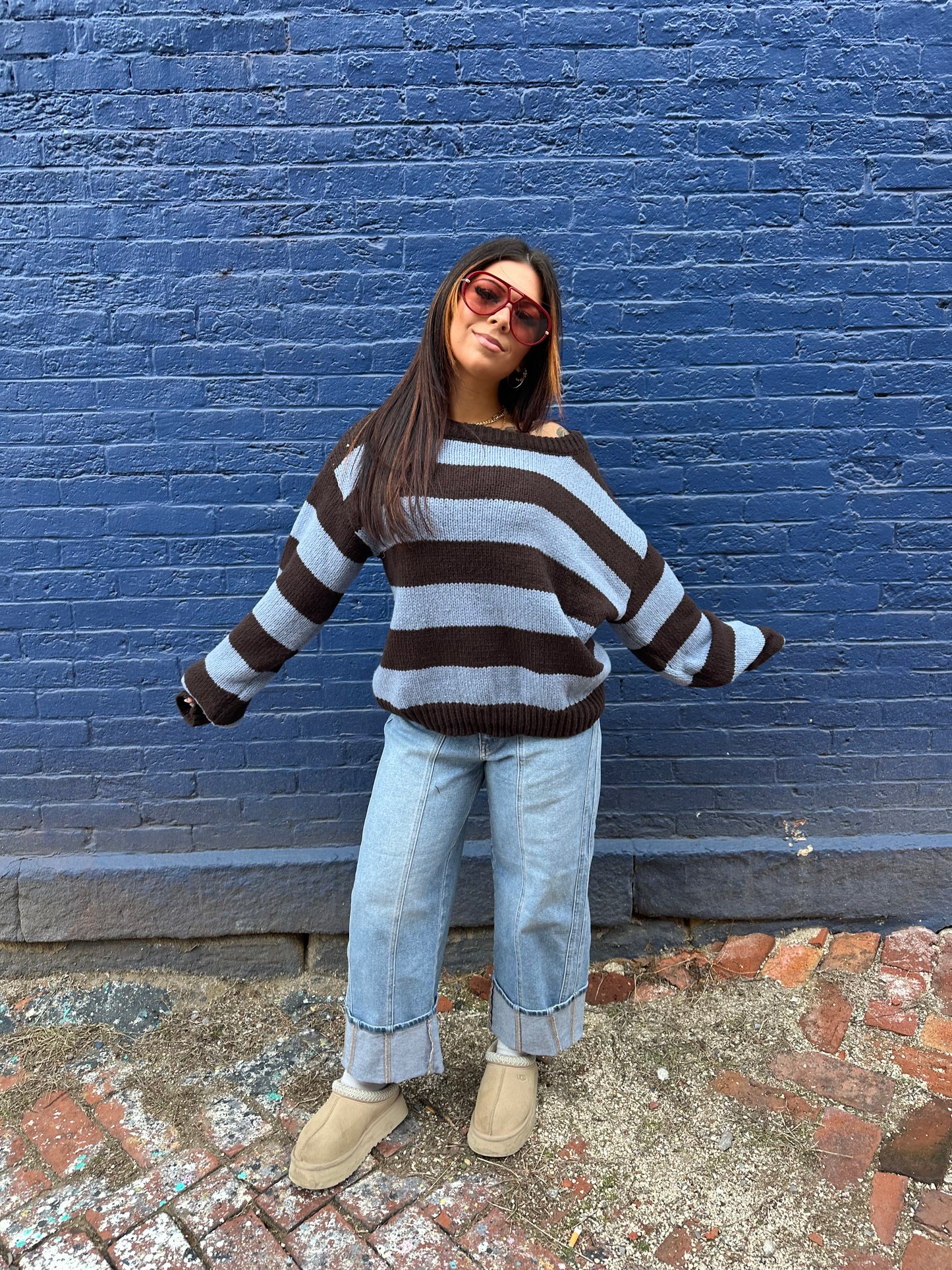 Dixie One Shoulder Sweater in Blue/Brown