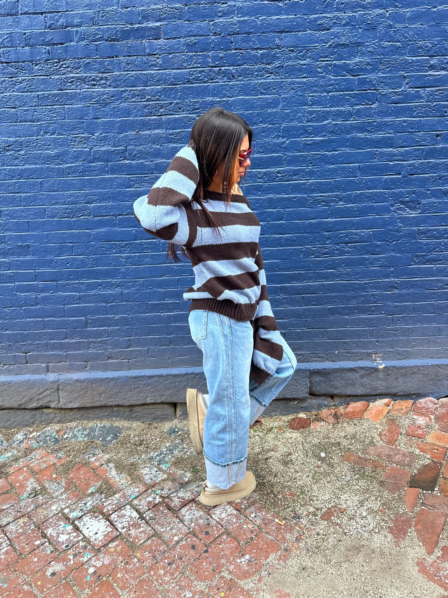 Dixie One Shoulder Sweater in Blue/Brown