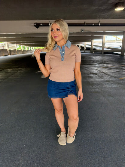 LA Sweater/Denim Top in Khaki