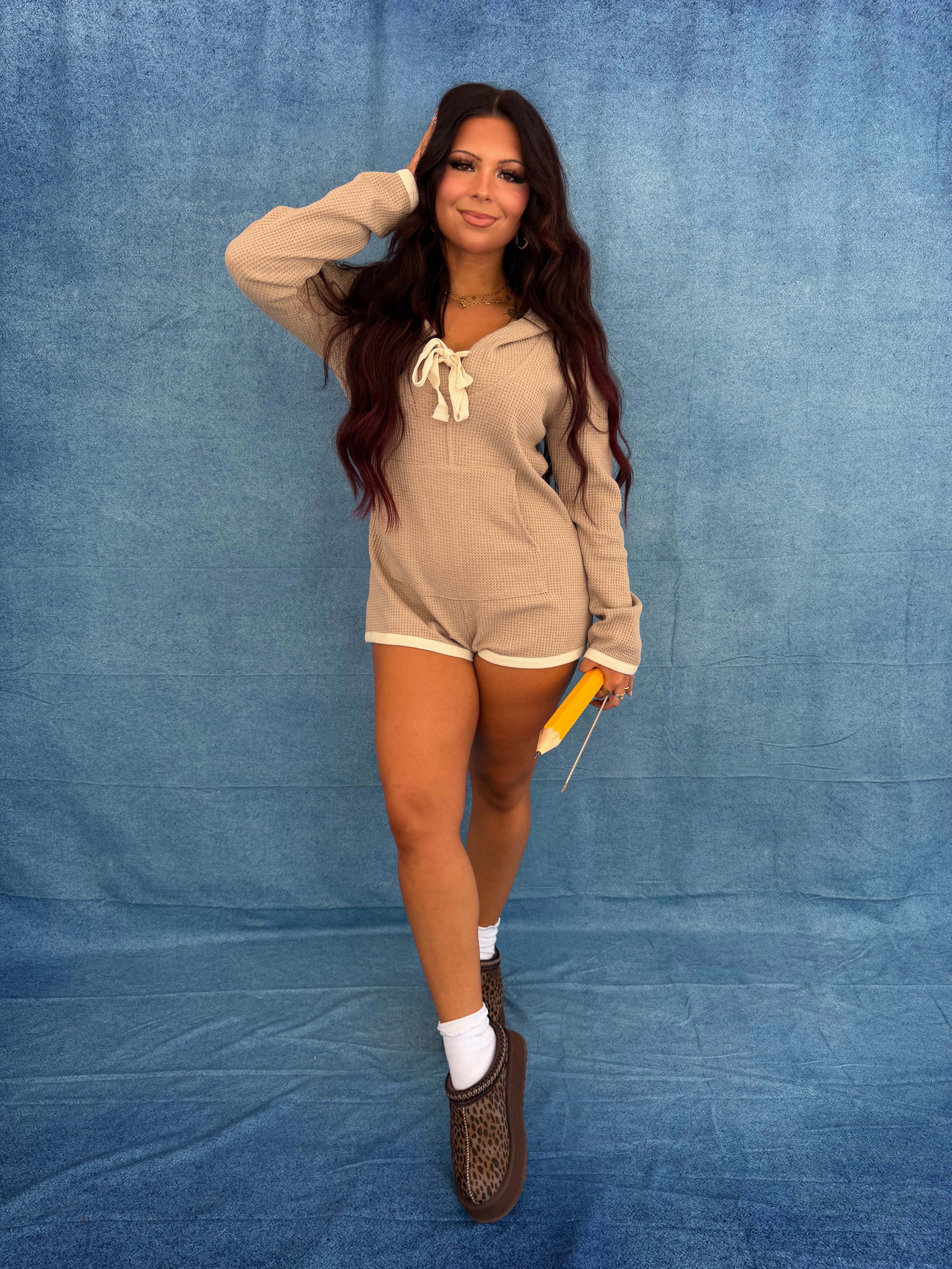 Hot Mess Sweater Romper in Taupe
