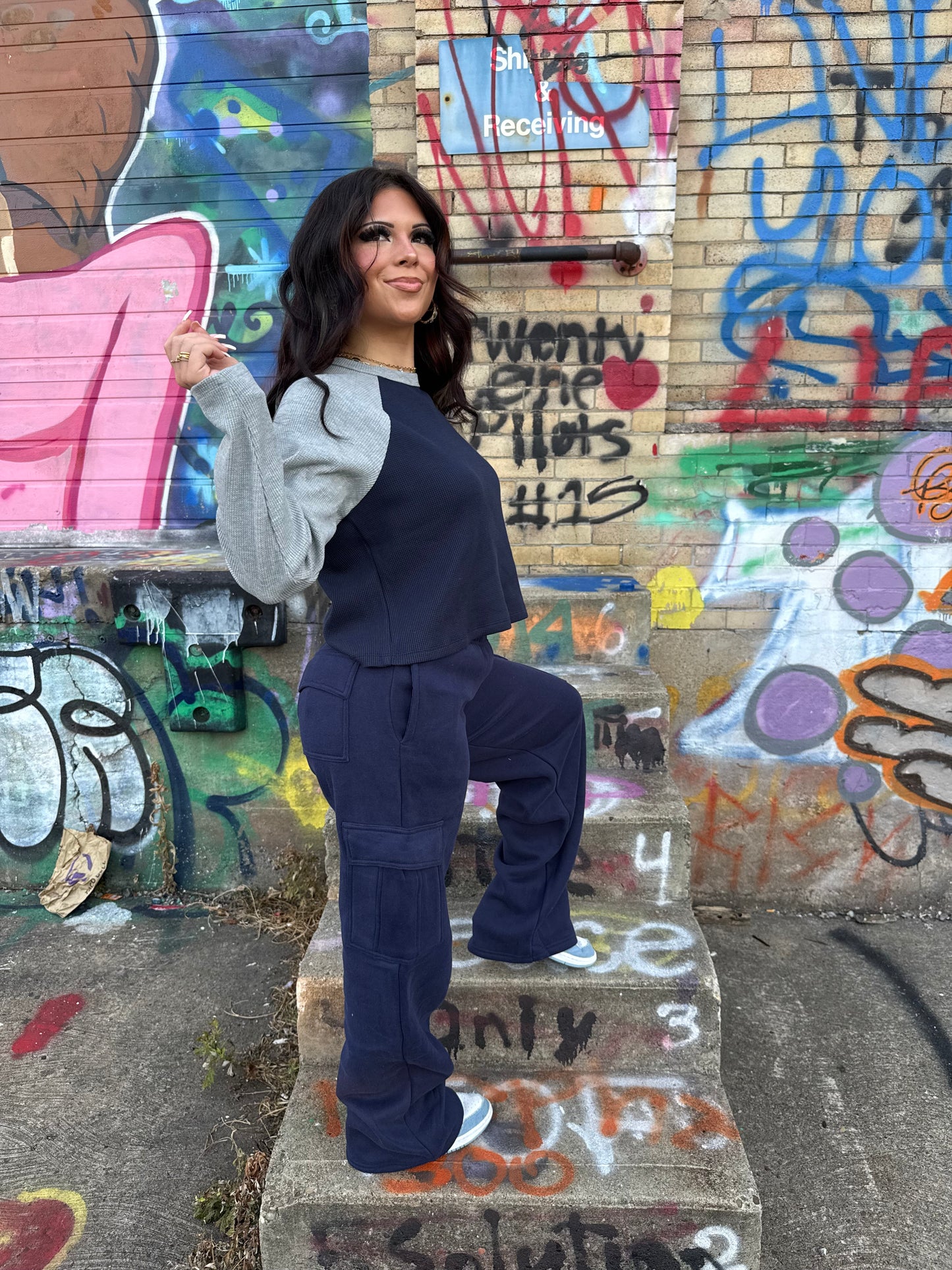 Brandy Waffle L/S in Navy