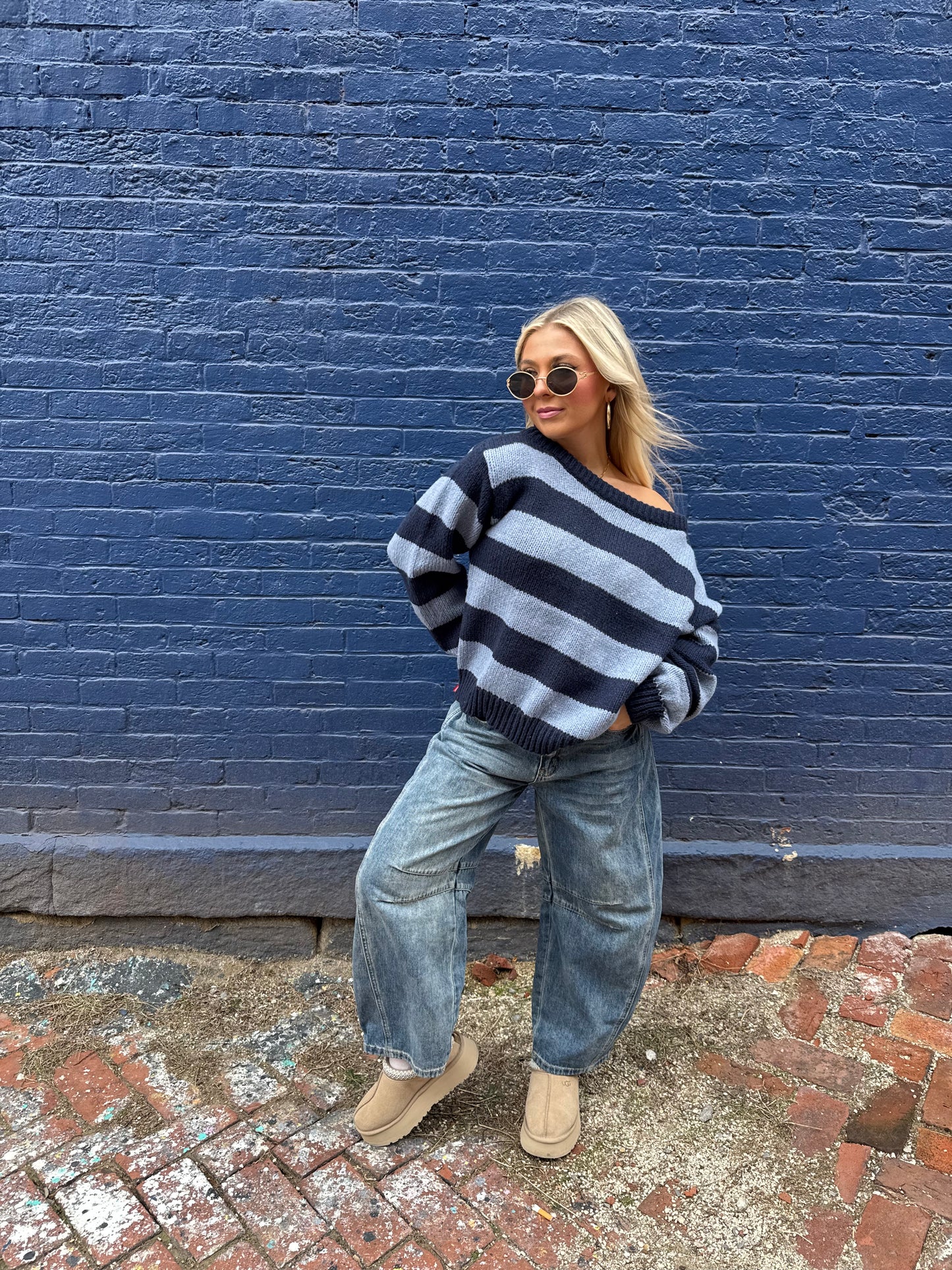 Dixie One Shoulder Sweater in Blue/Navy