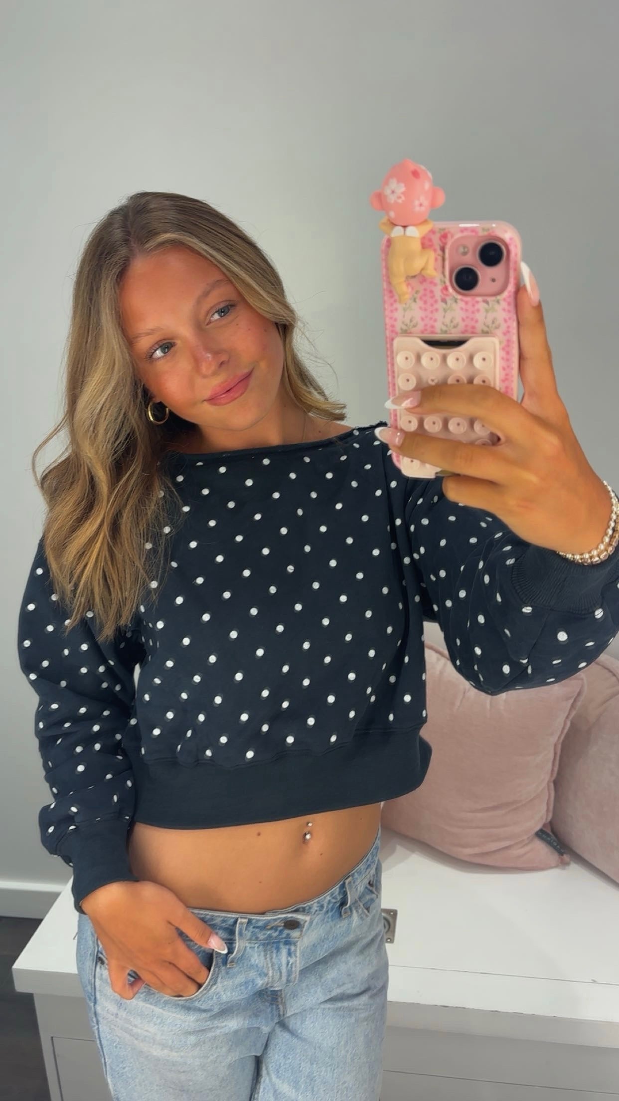 Beauty Boo One Shoulder in Navy Polka