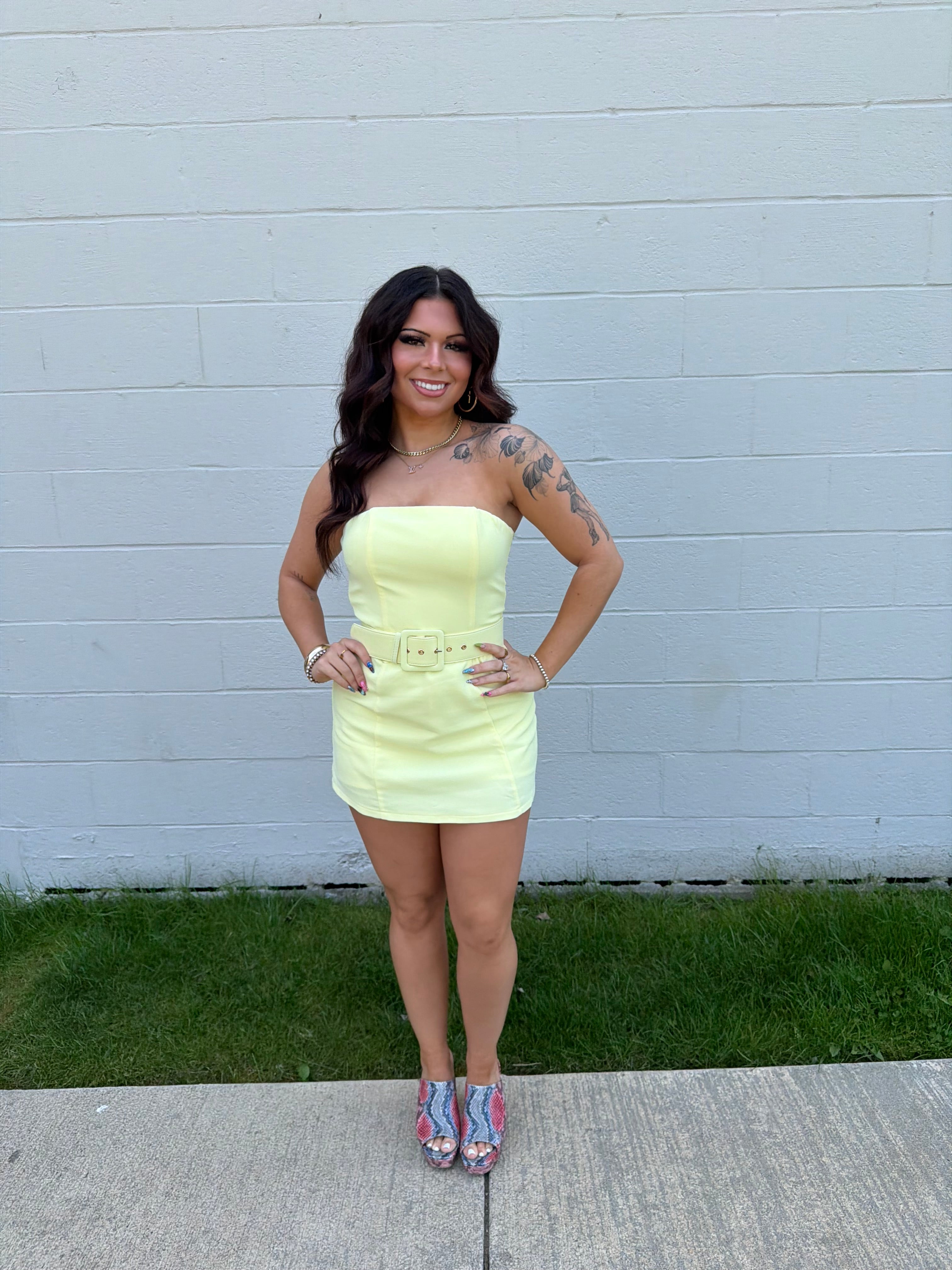 Belted Baddie Mini Dress in Banana