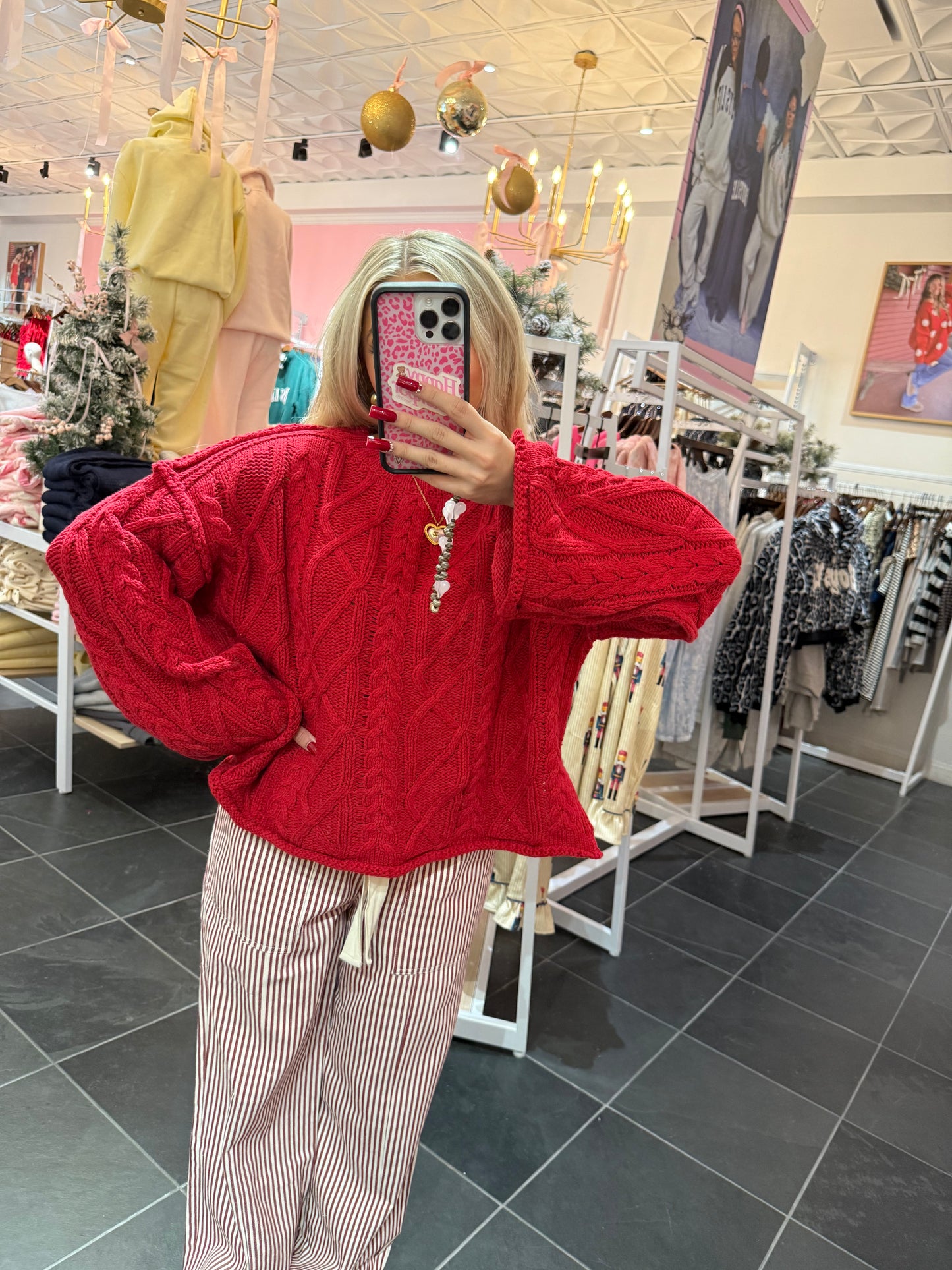 Classic Cable Knit Sweater in Red