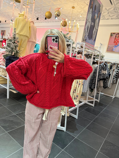 Classic Cable Knit Sweater in Red