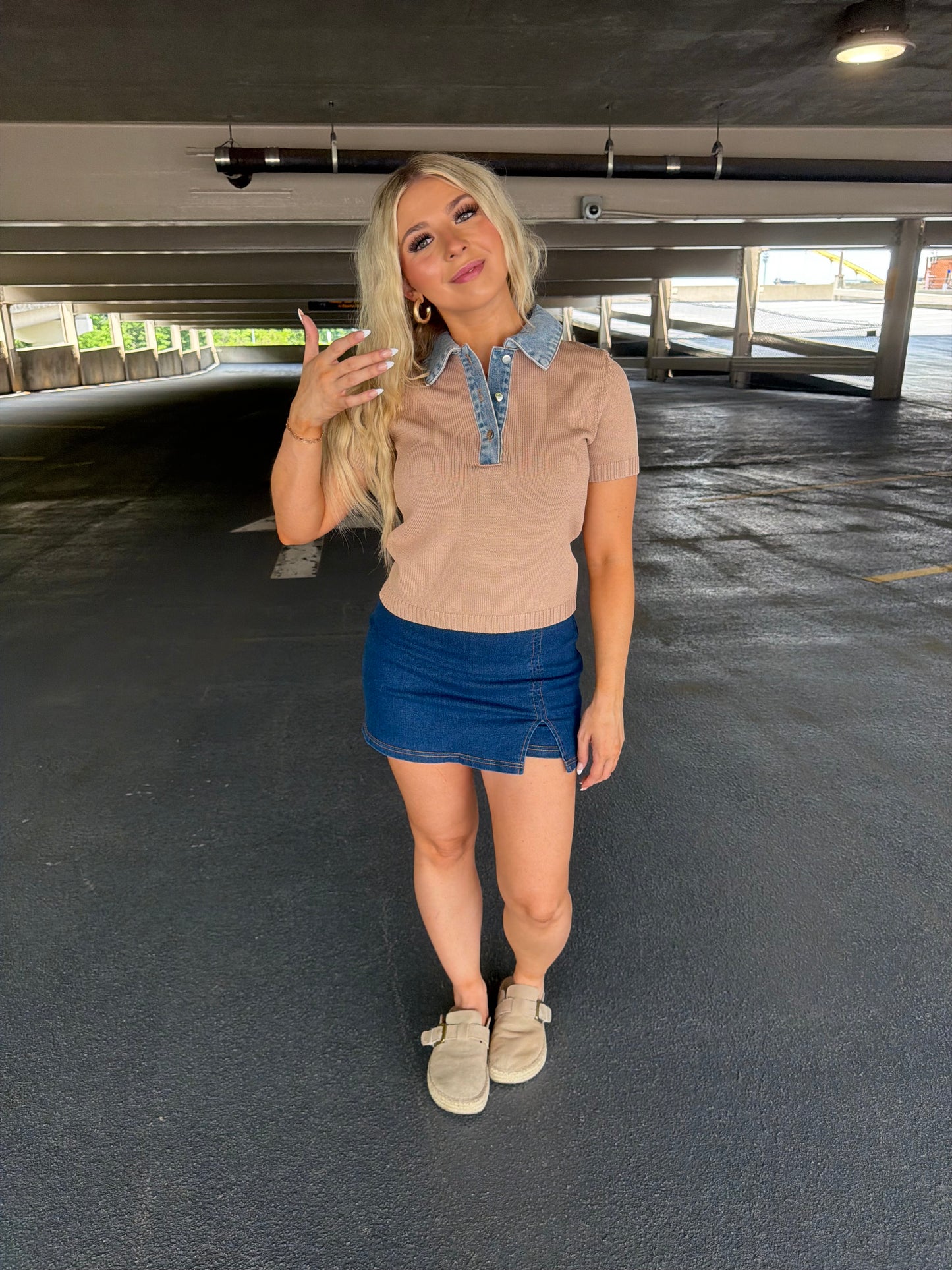 LA Sweater/Denim Top in Khaki