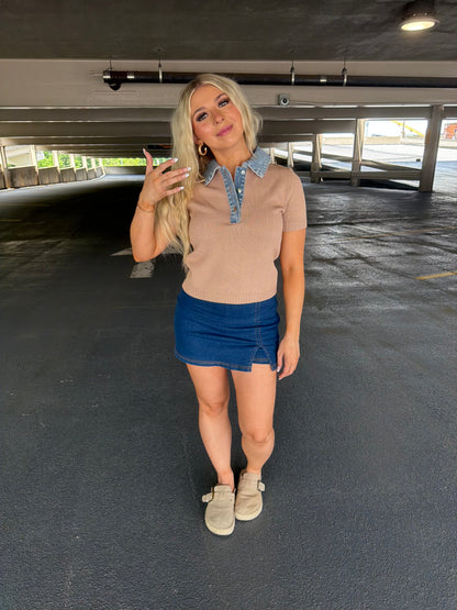 LA Sweater/Denim Top in Khaki
