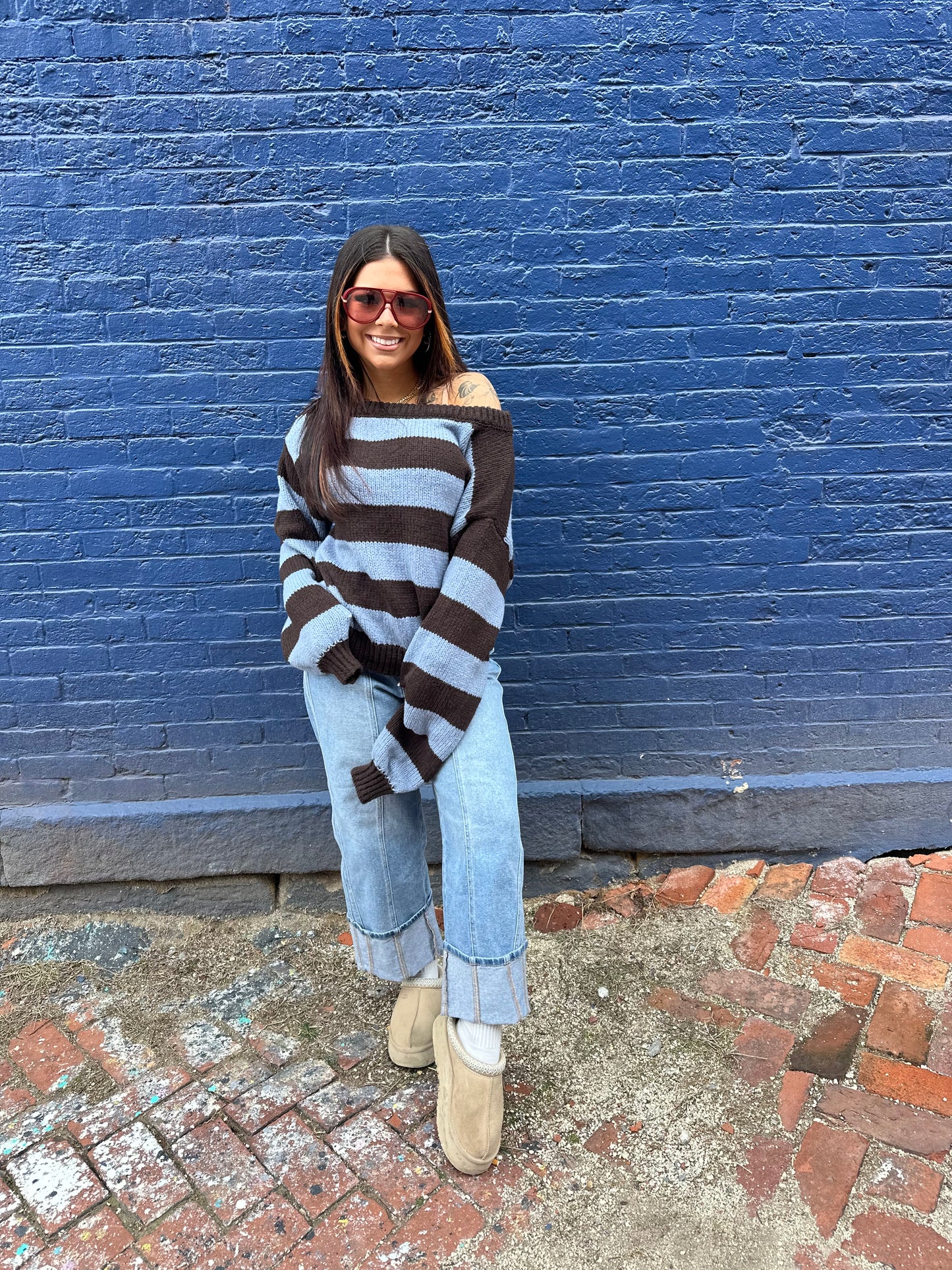 Dixie One Shoulder Sweater in Blue/Brown