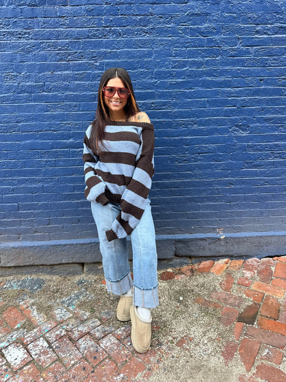 Dixie One Shoulder Sweater in Blue/Brown