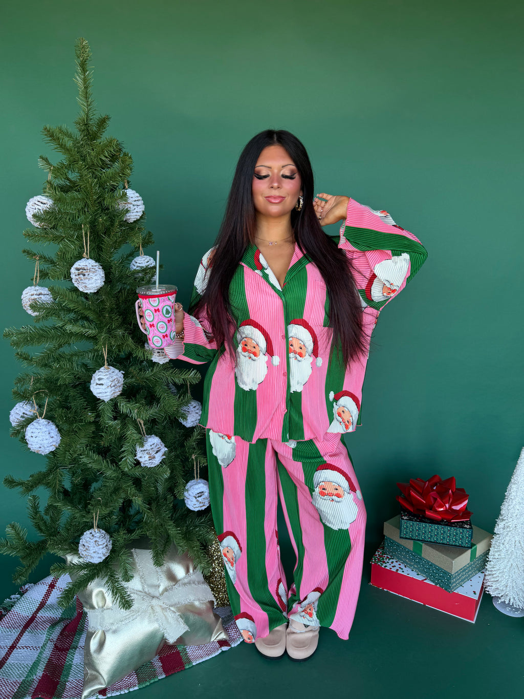 Christmas Pink/Green Santa Jammies (SOLD TOGETHER) FINAL SALE