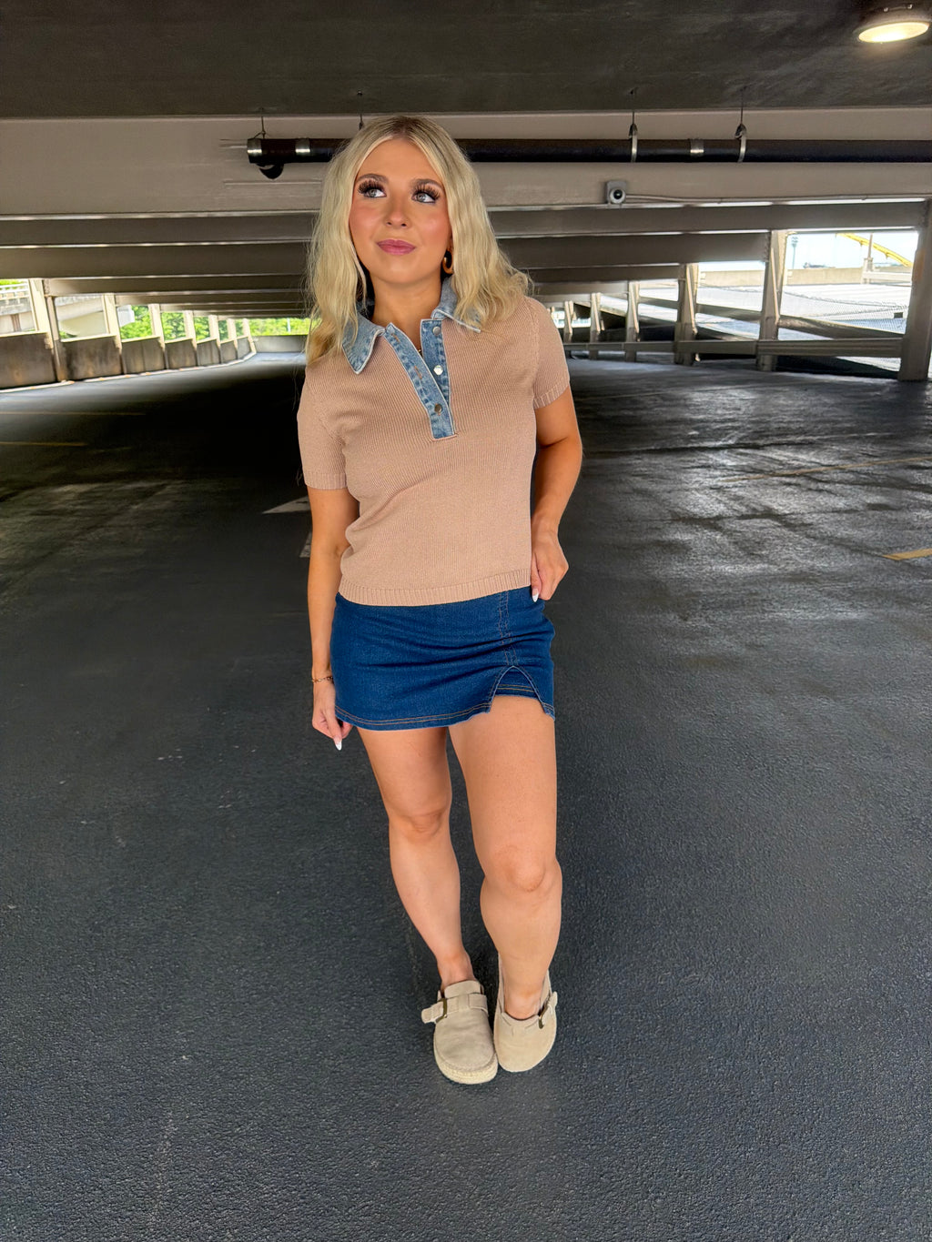 LA Sweater/Denim Top in Khaki