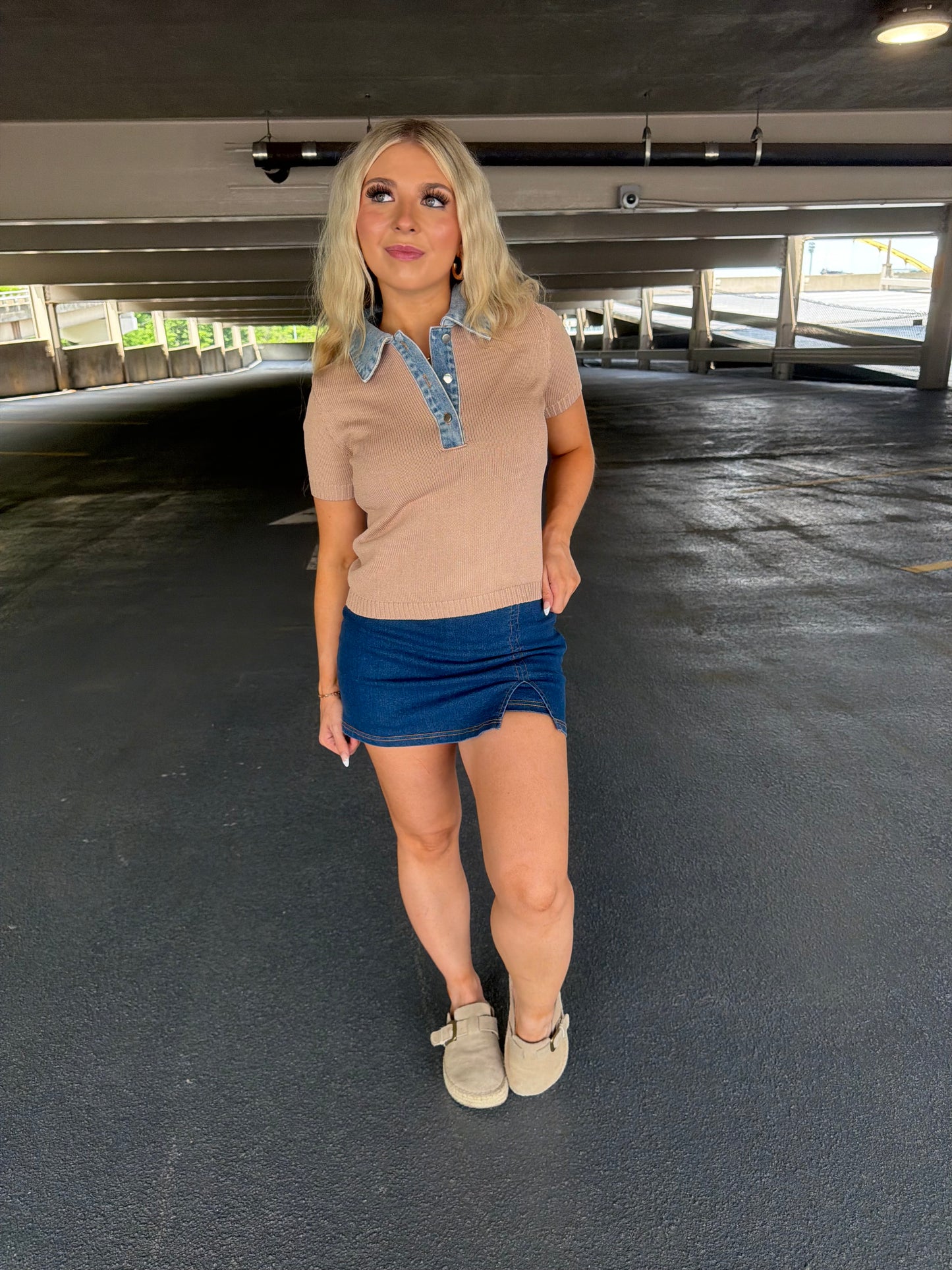 LA Sweater/Denim Top in Khaki