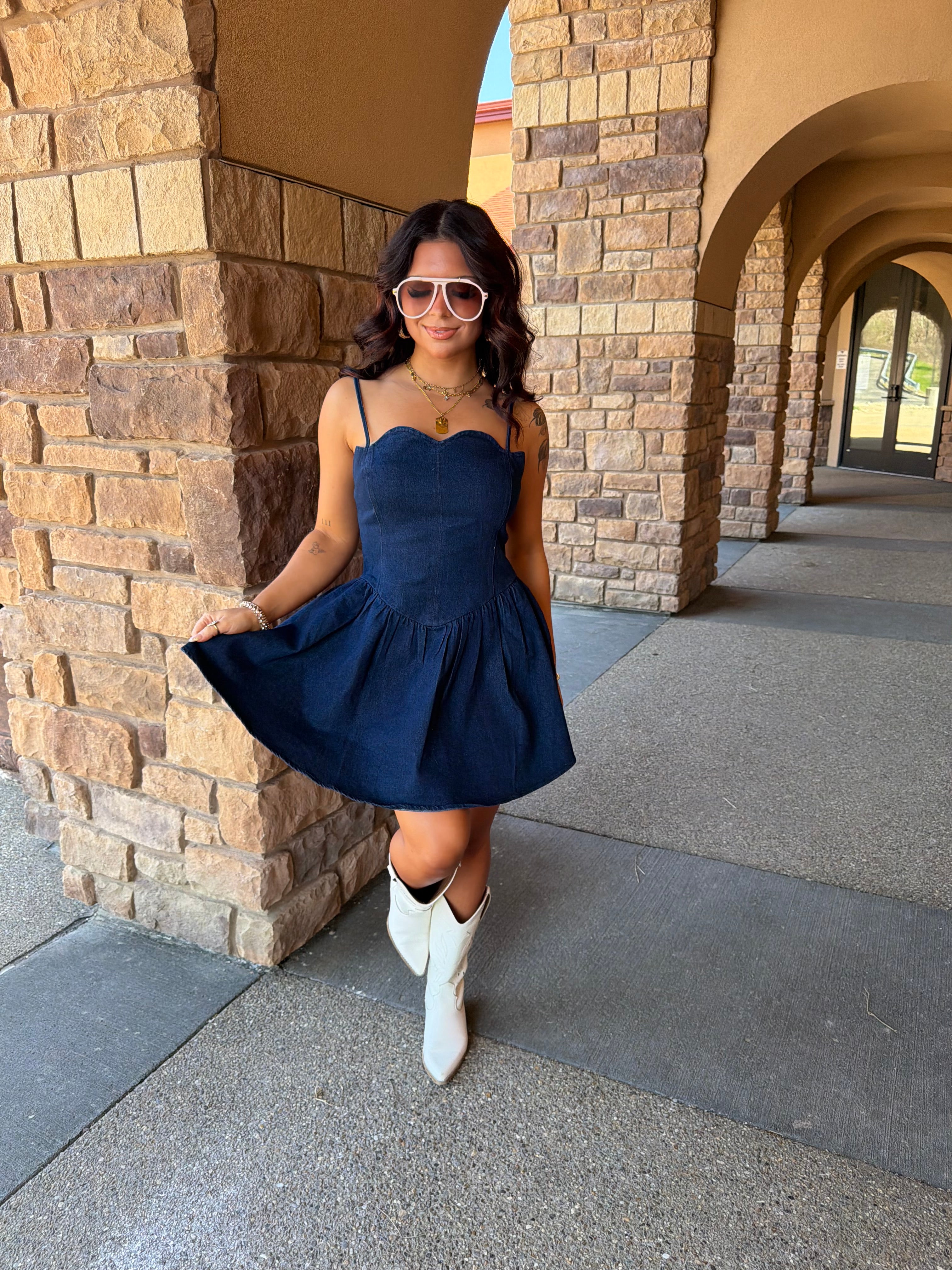 Scalloped Structured Denim Dress
