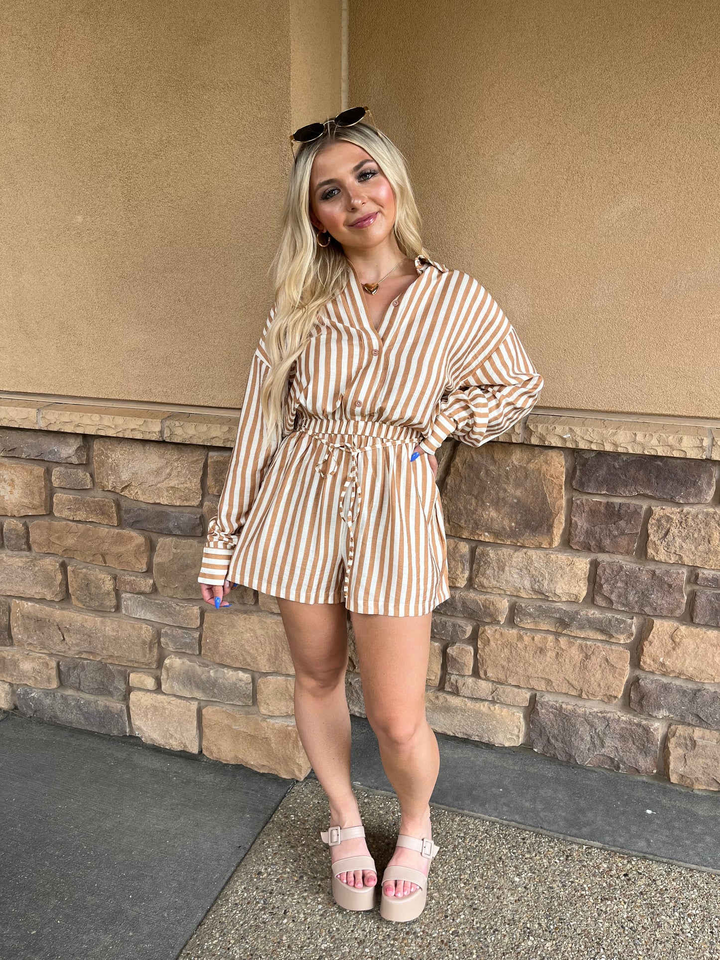 Shelley Striped Romper in Taupe