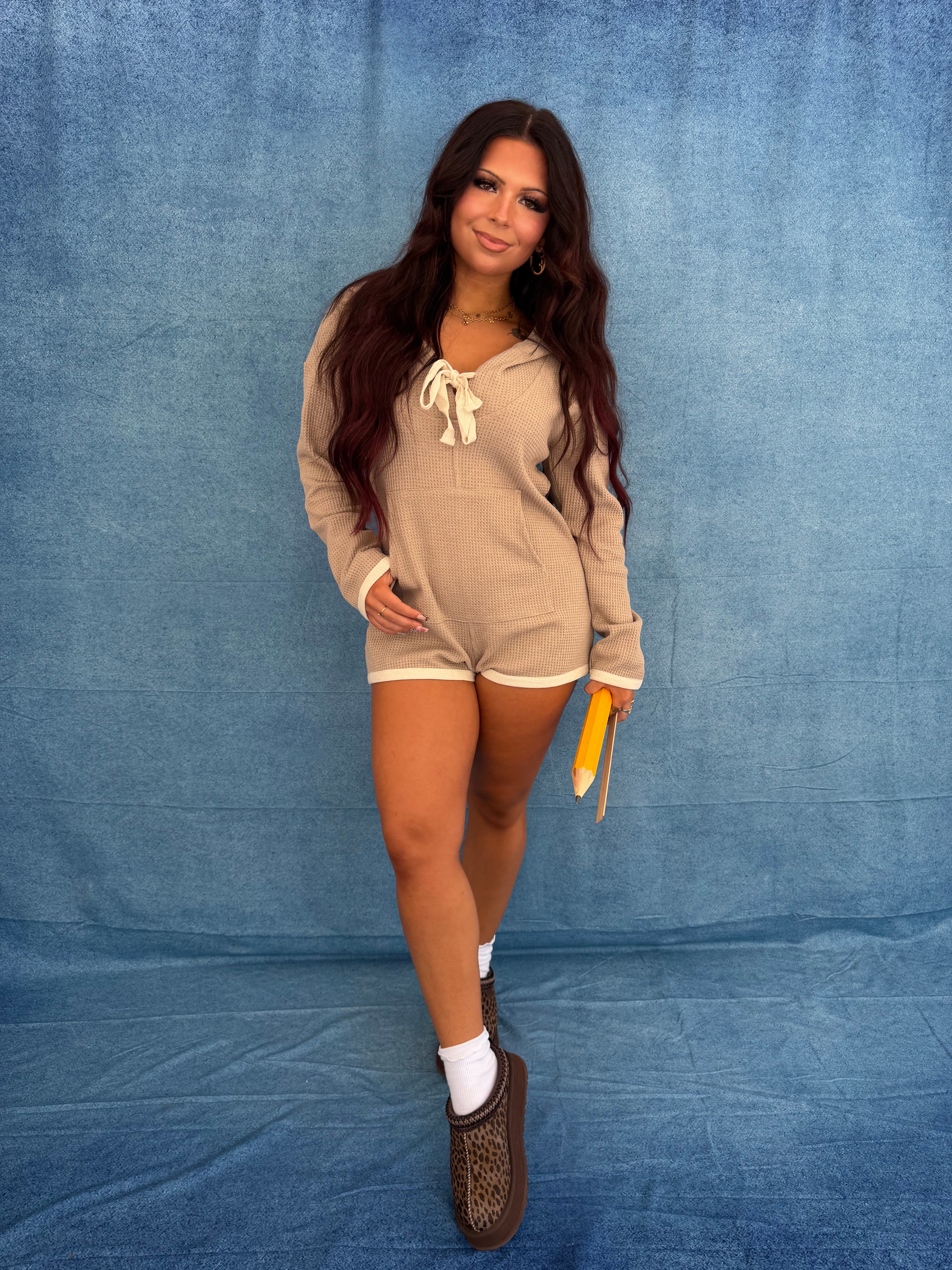 Hot Mess Sweater Romper in Taupe