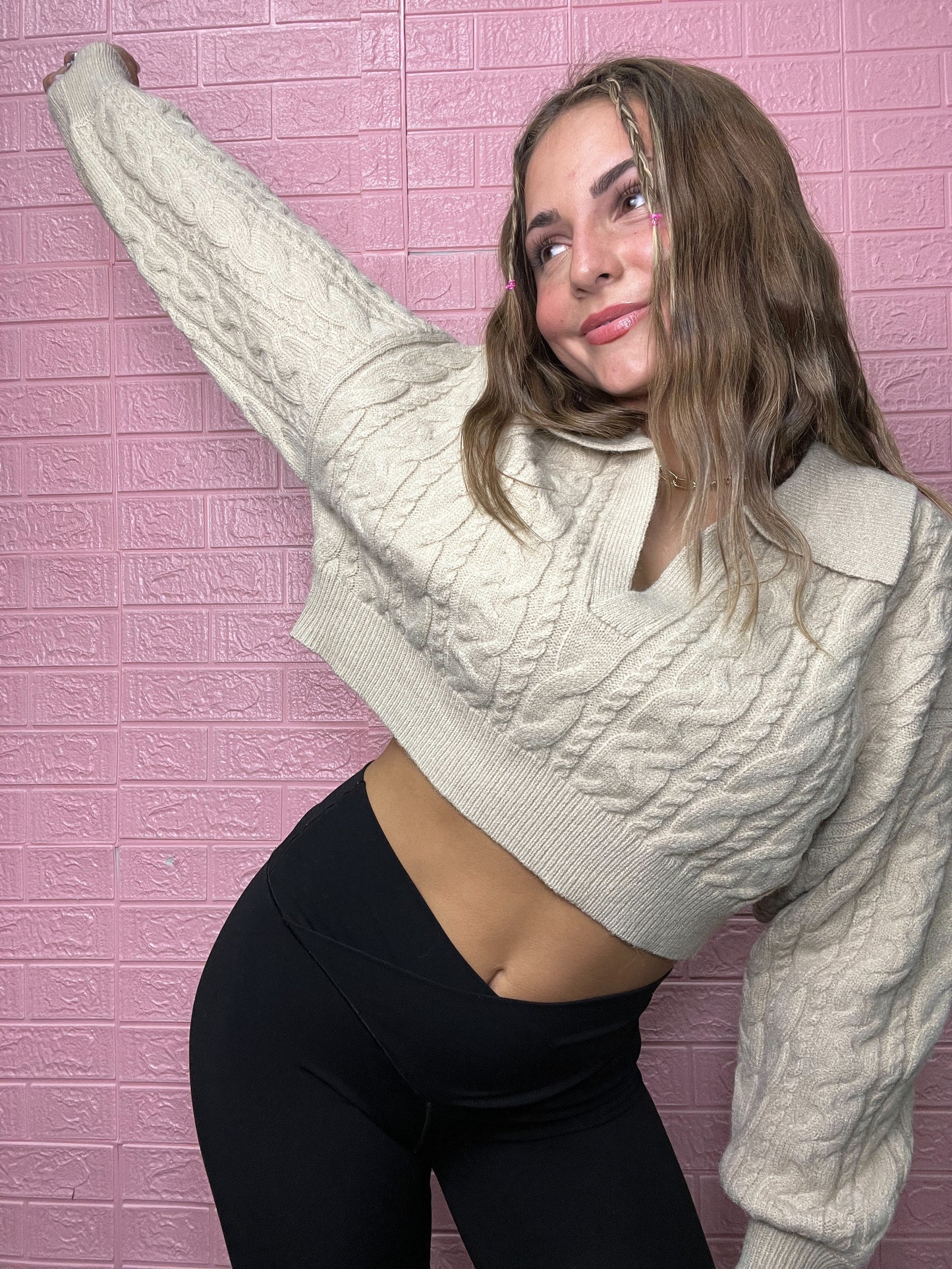Conrad Cable Crop Sweater in Taupe