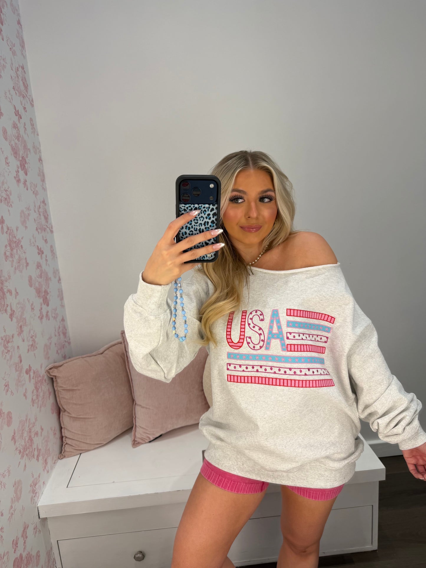 One Shoulder USA Embroidered Crew