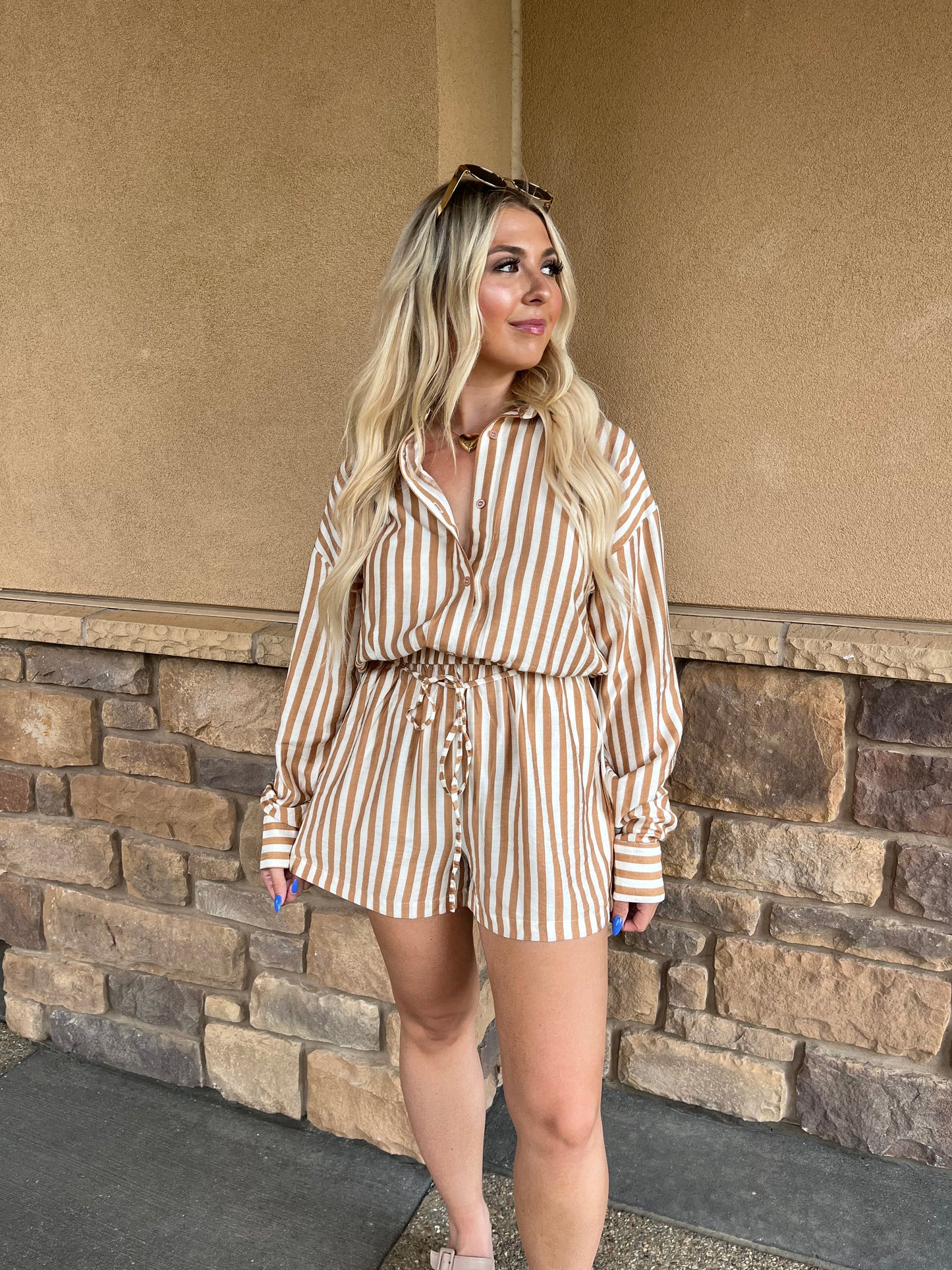 Shelley Striped Romper in Taupe