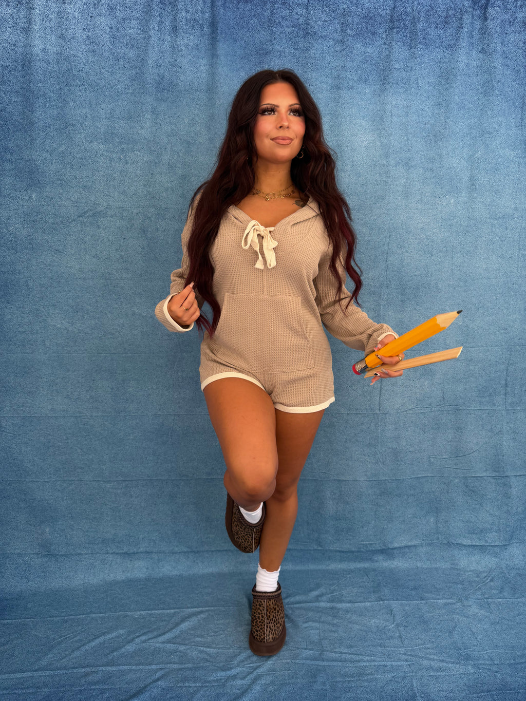 Hot Mess Sweater Romper in Taupe