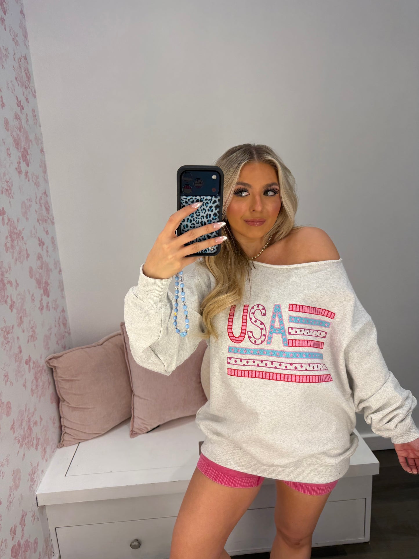 One Shoulder USA Embroidered Crew