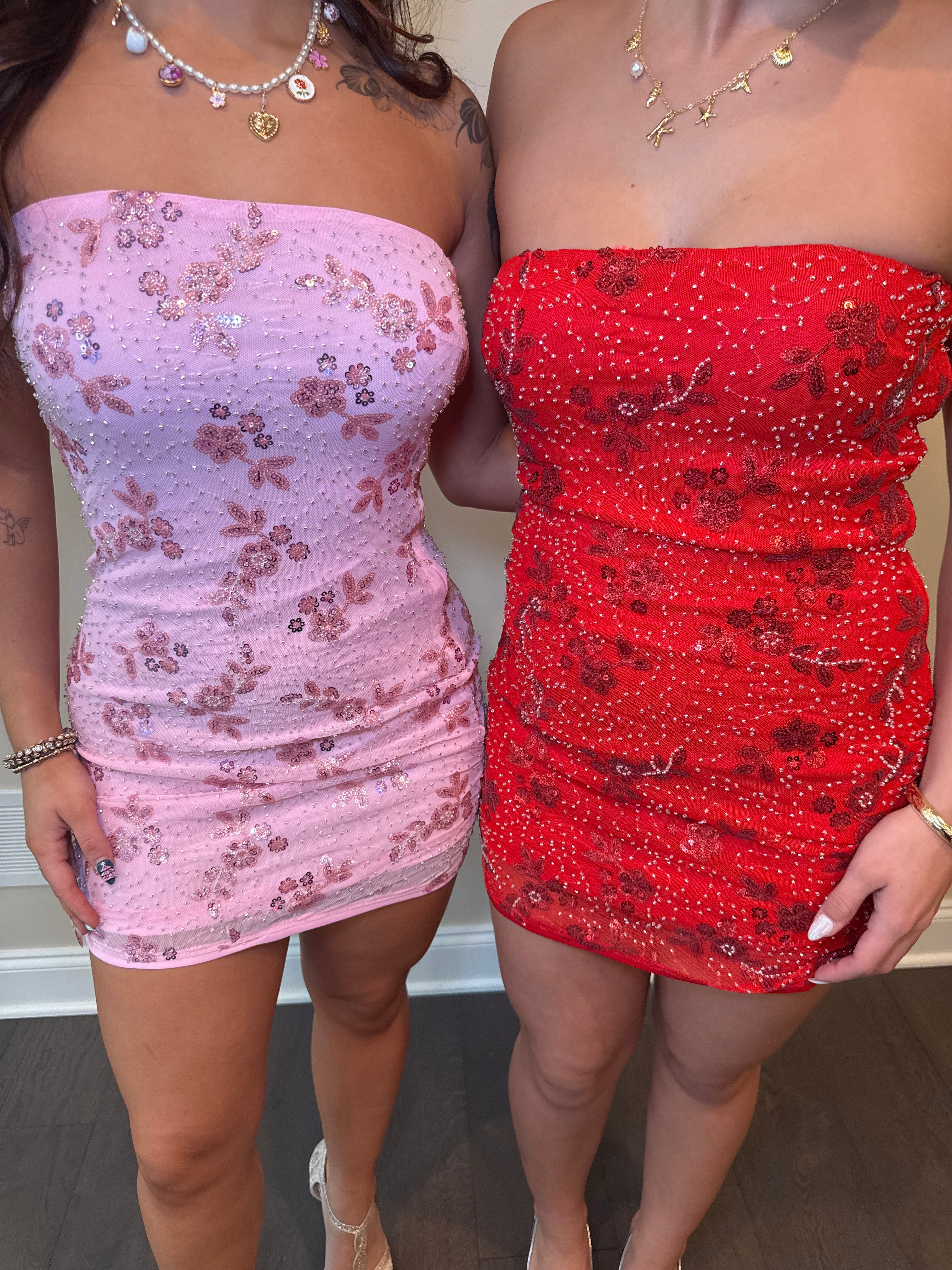 Embellished Cheater Mini Dress in Red