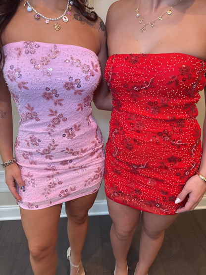 Embellished Cheater Mini Dress in Red