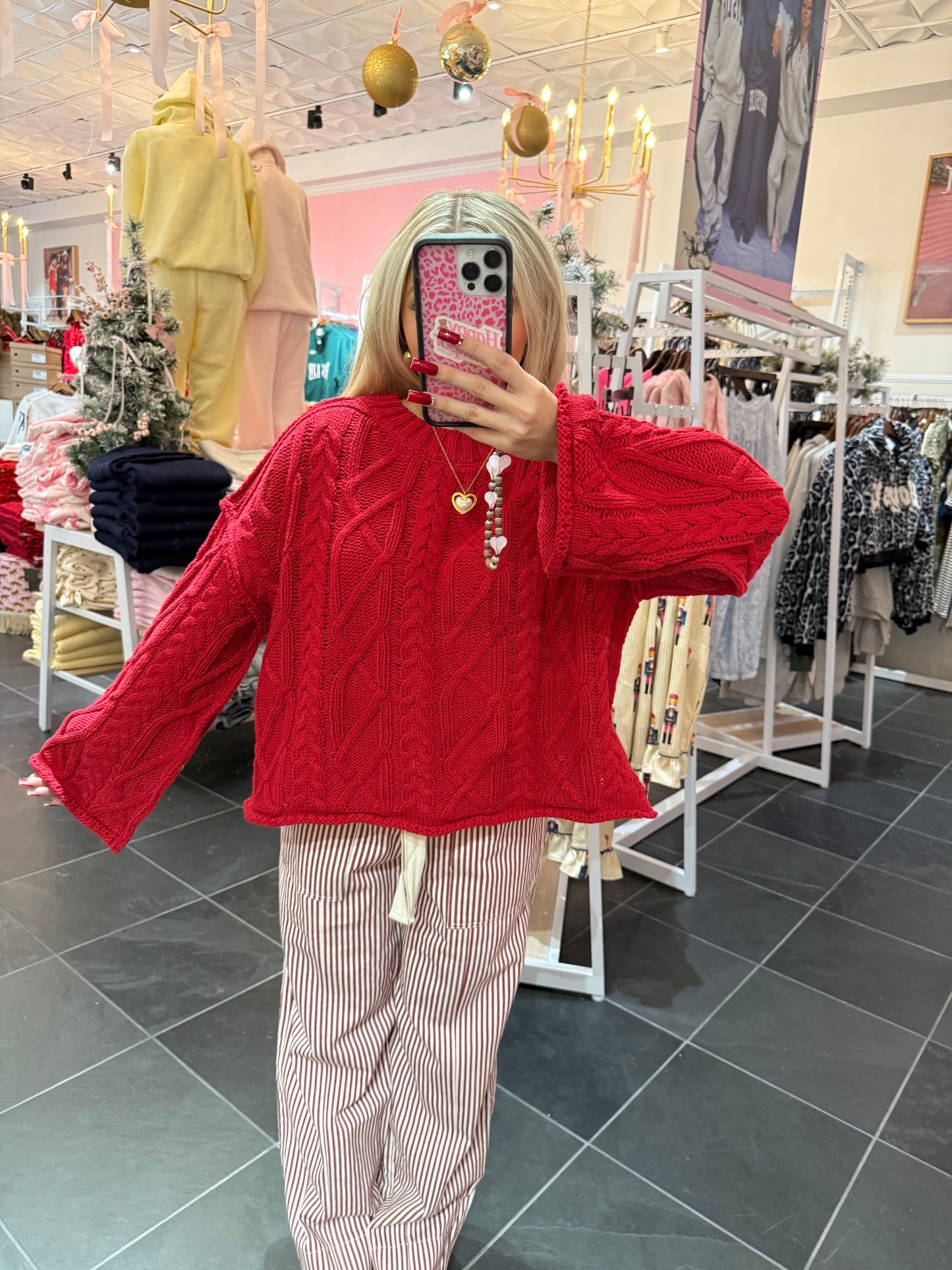 Classic Cable Knit Sweater in Red