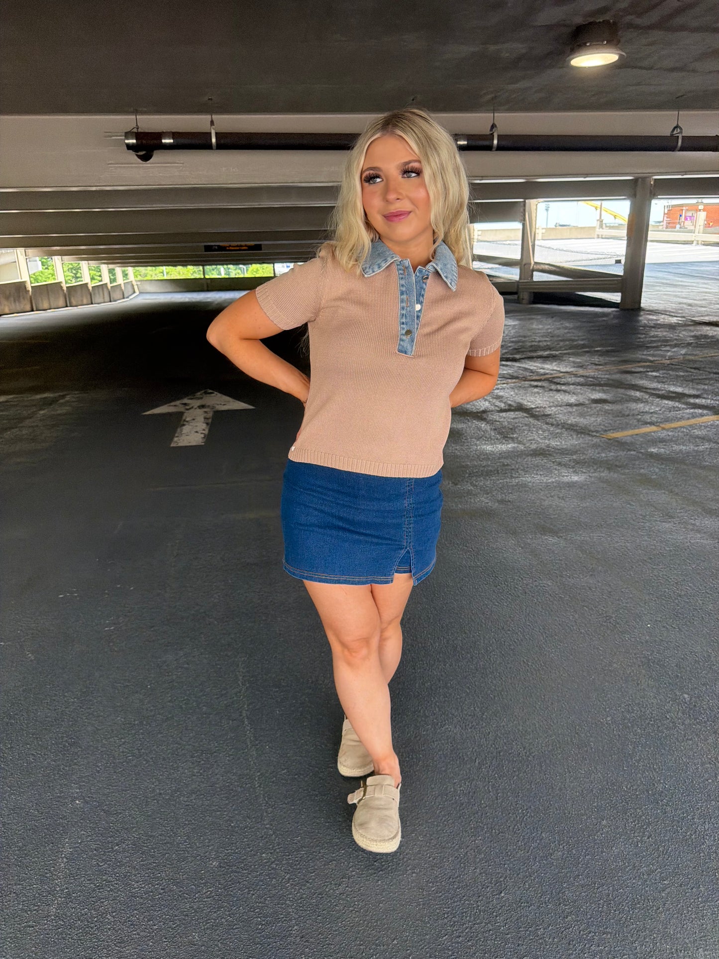 LA Sweater/Denim Top in Khaki