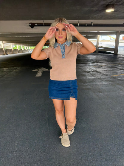 LA Sweater/Denim Top in Khaki