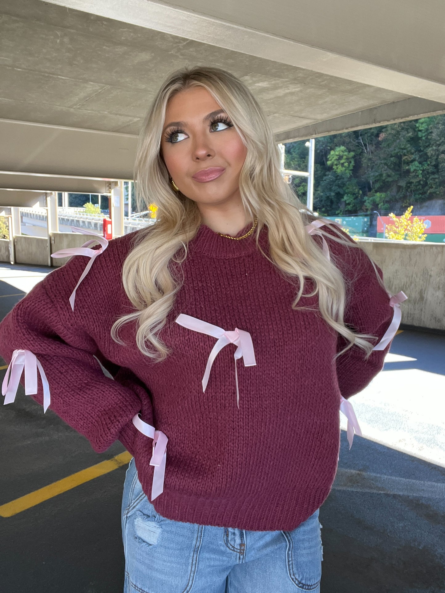 Creamy Bow Sweater in Burgundy