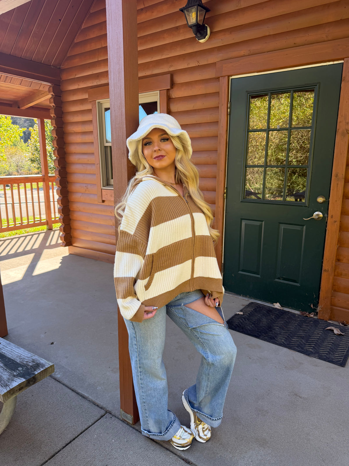Morrison Stripe Sweater Zip in Tan