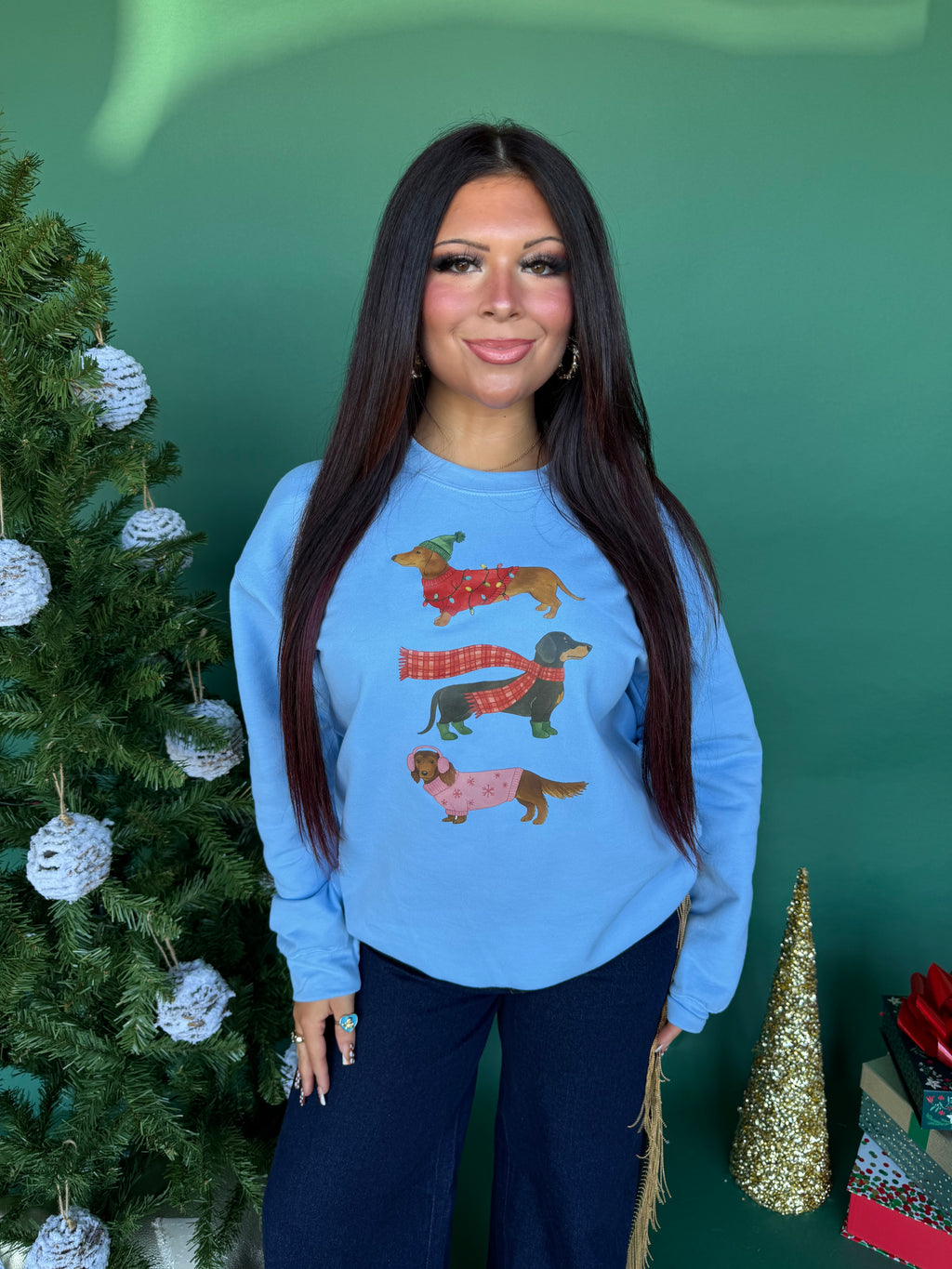 Dachshund Christmas Crew Baby Blue FINAL SALE
