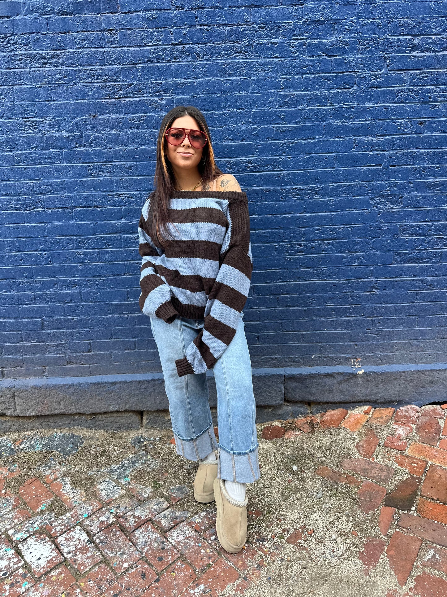 Dixie One Shoulder Sweater in Blue/Brown