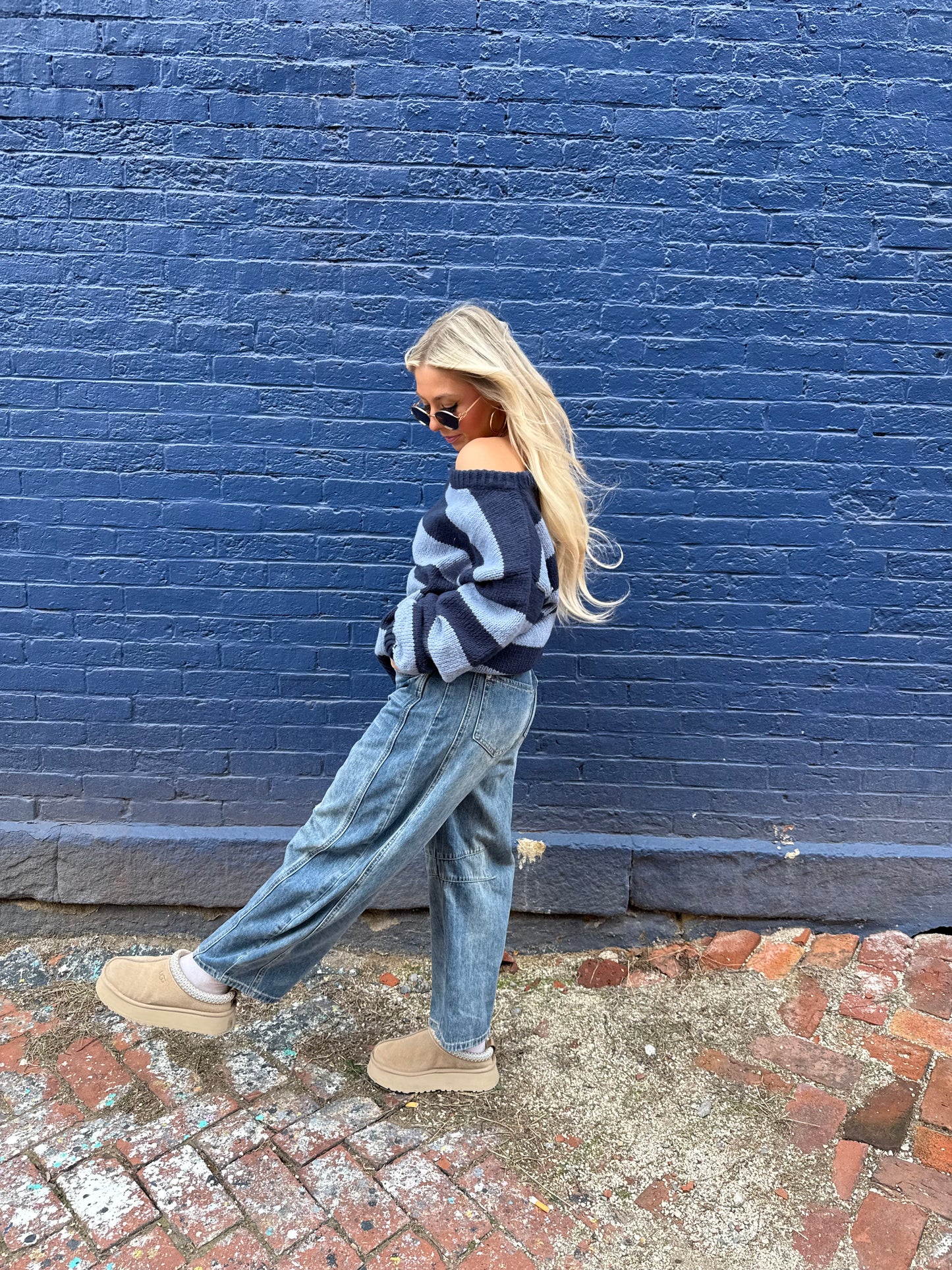 Dixie One Shoulder Sweater in Blue/Navy