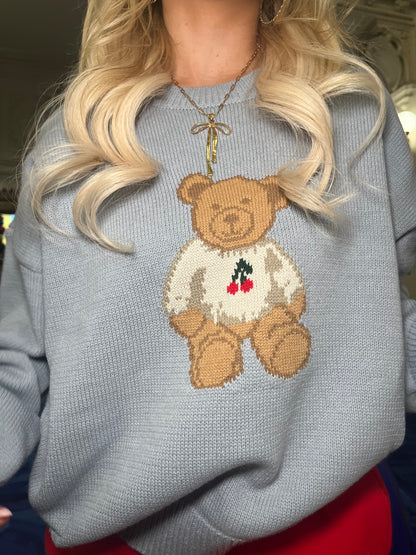 Teddy Hug Cherry Sweater in Light Blue