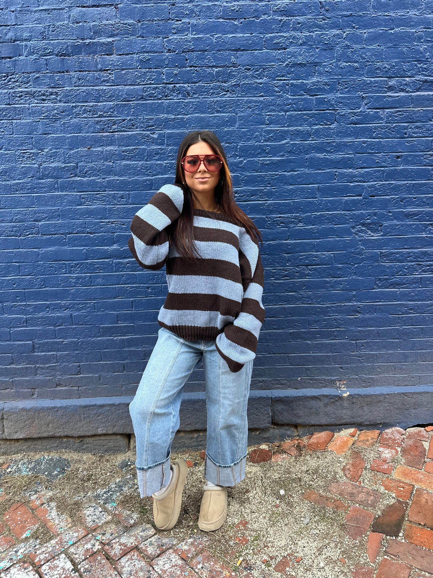 Dixie One Shoulder Sweater in Blue/Brown