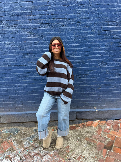 Dixie One Shoulder Sweater in Blue/Brown