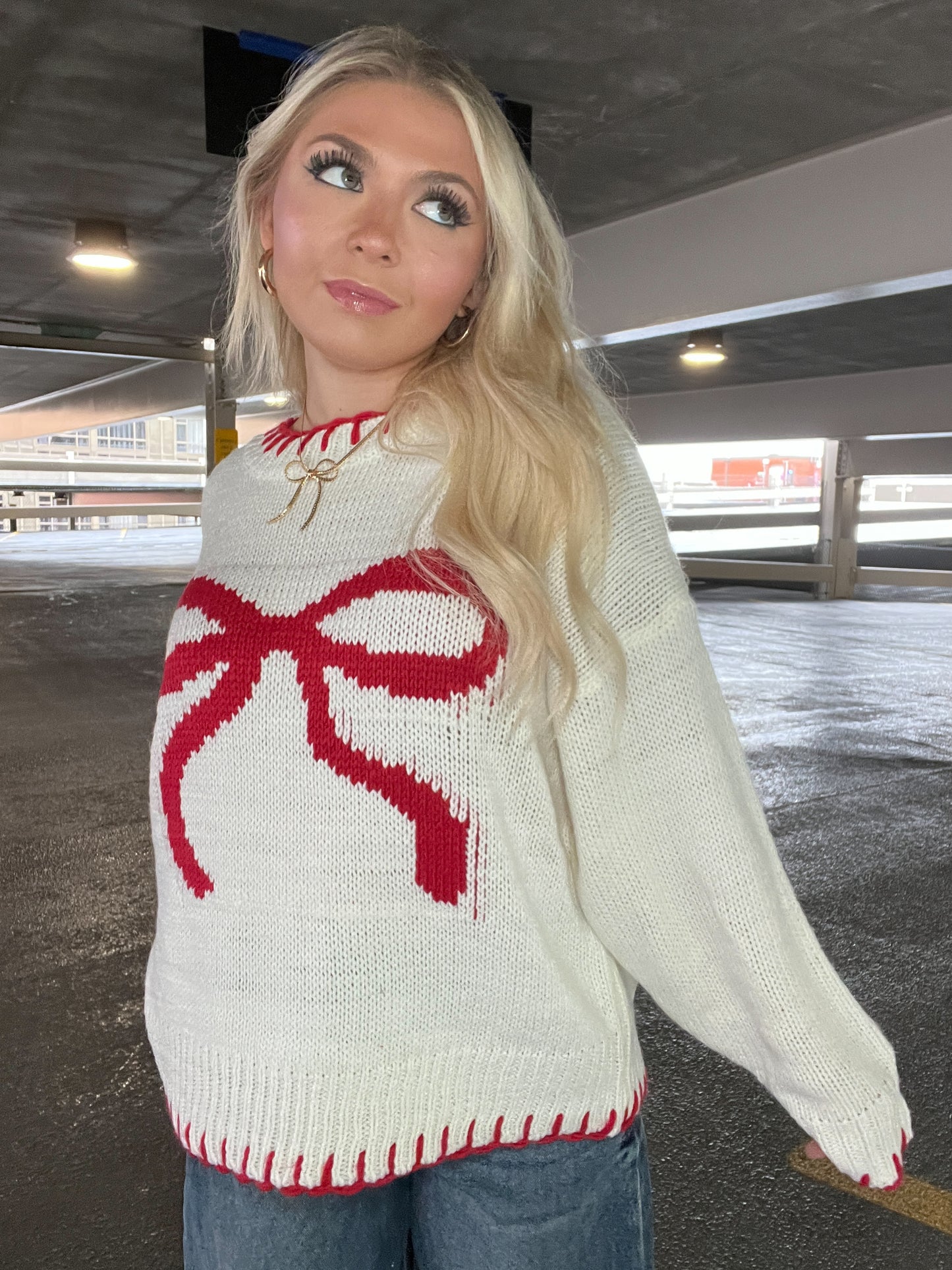 Red & Cream Stitch Bow Sweater