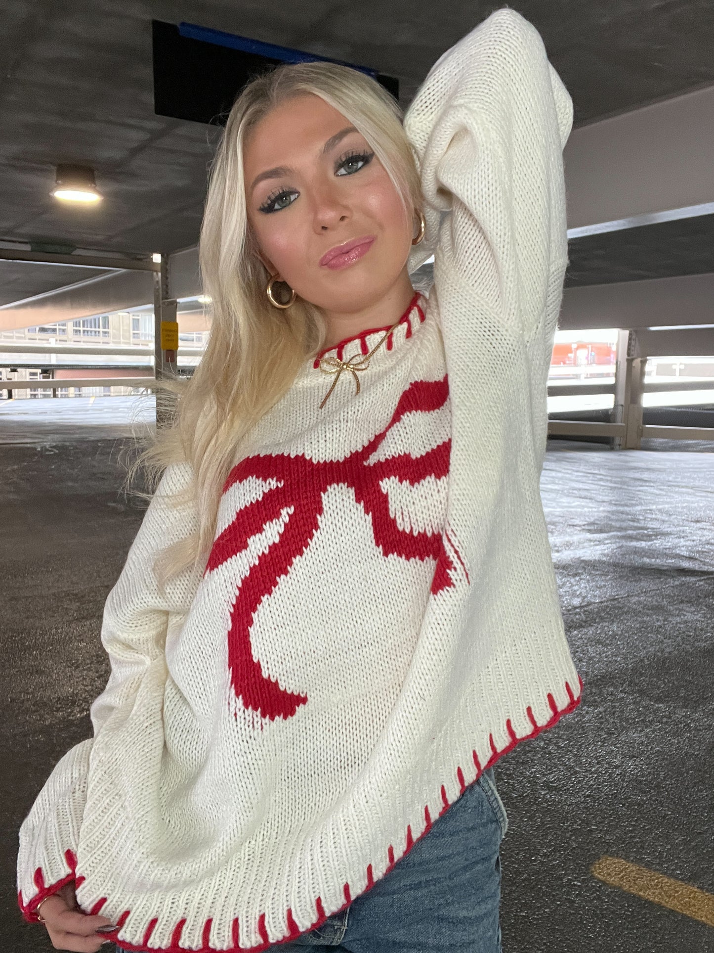 Red & Cream Stitch Bow Sweater