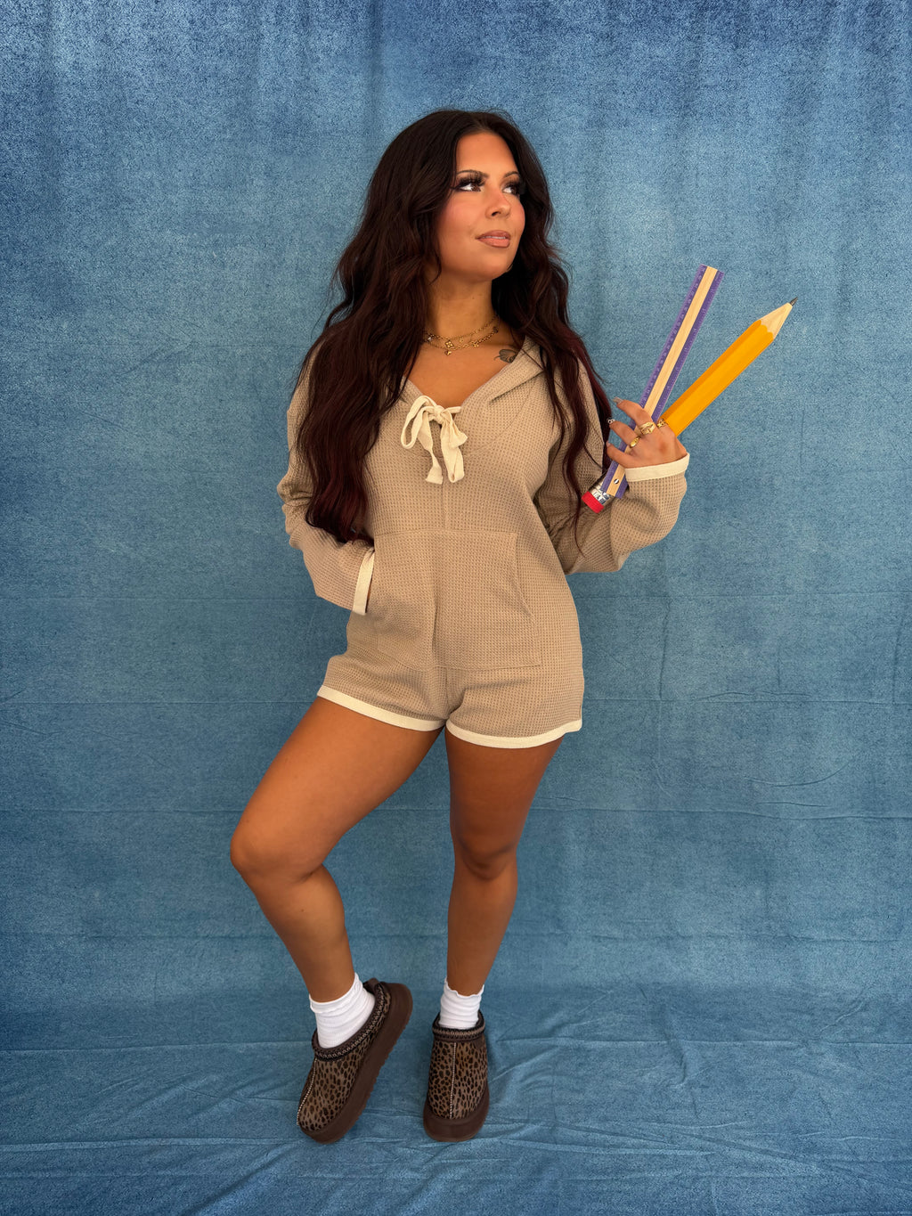 Hot Mess Sweater Romper in Taupe