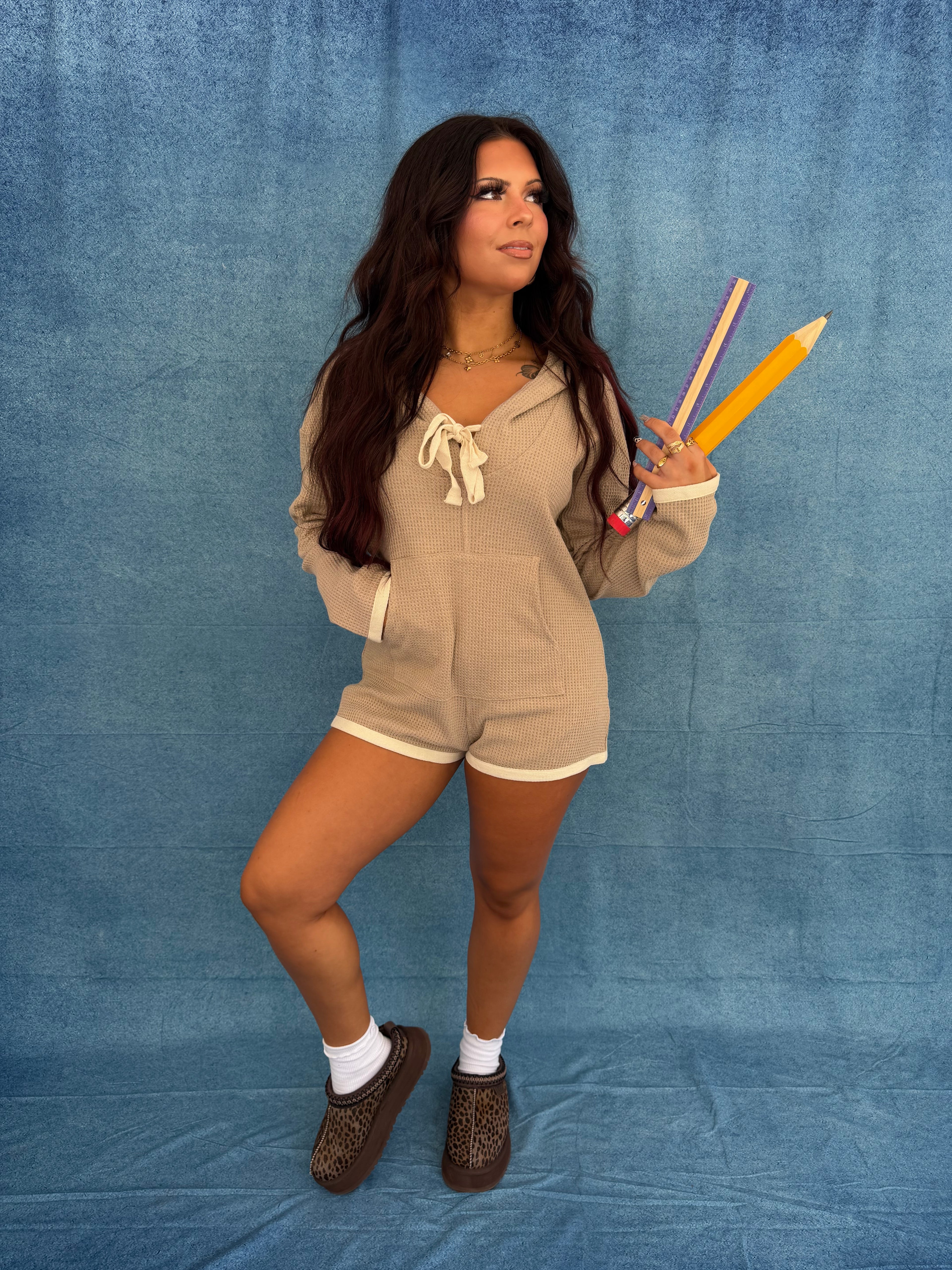 Hot Mess Sweater Romper in Taupe