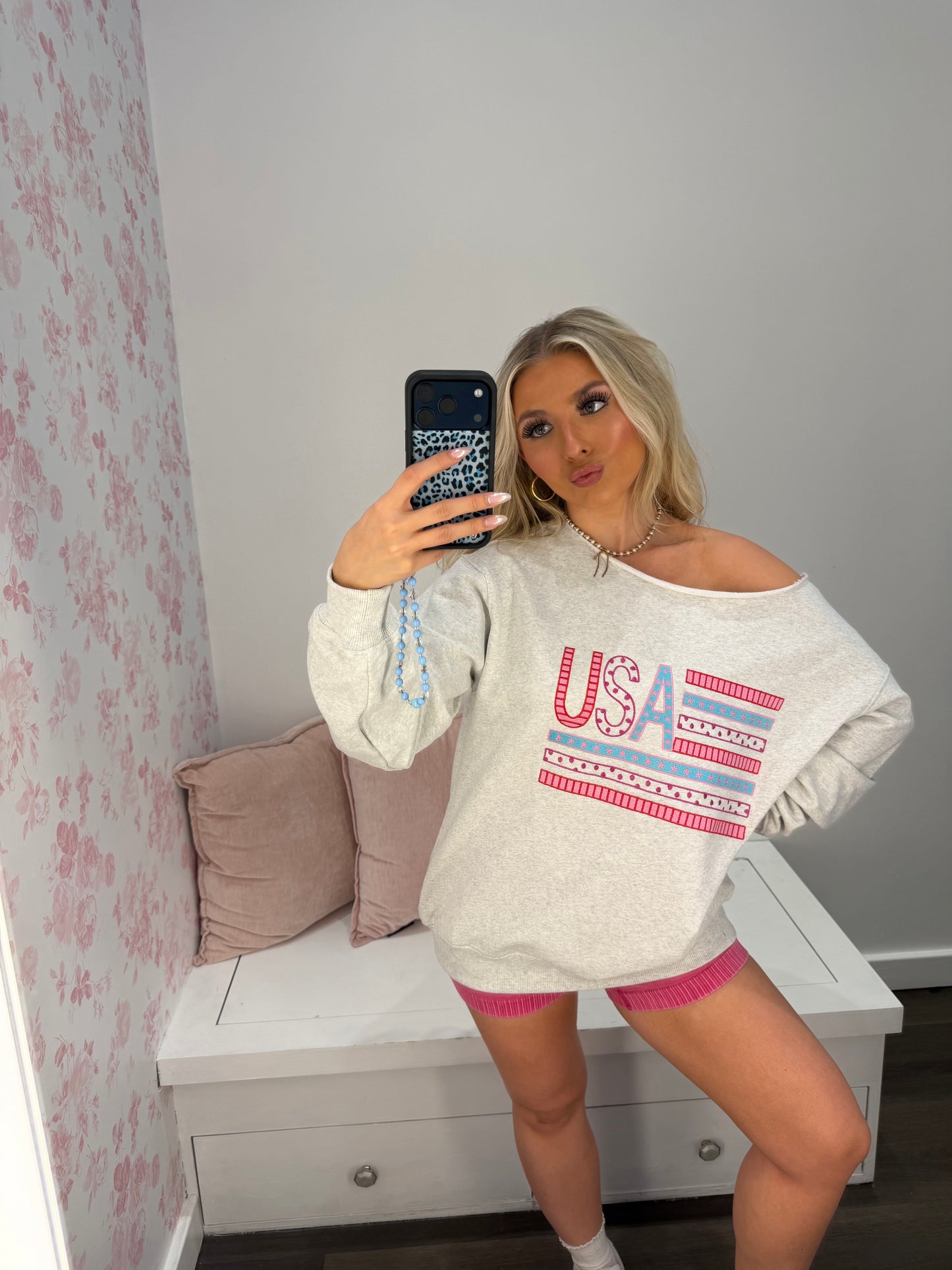One Shoulder USA Embroidered Crew